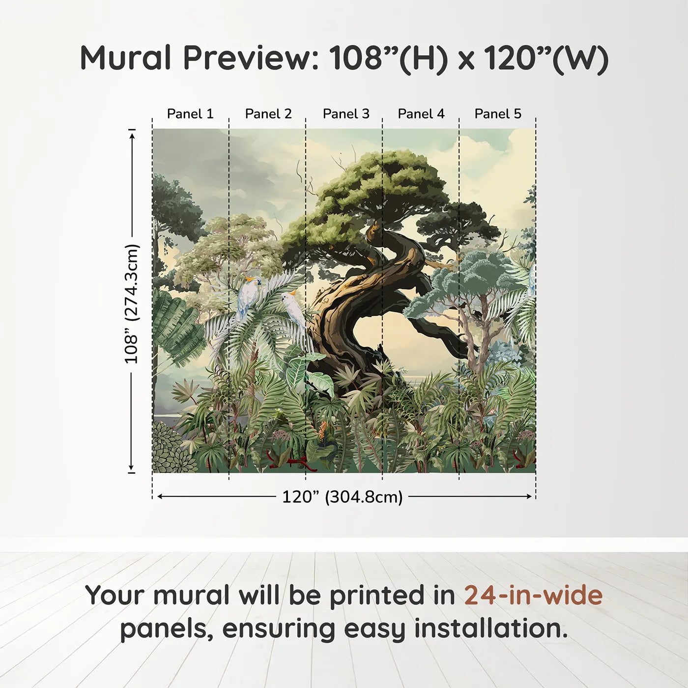 Whimsy Tots Gnarled Tree Jungle Wall Muraldimension view (108" H x 120" W). Printed in five 24-inch-wide panels. Gender-Neutral