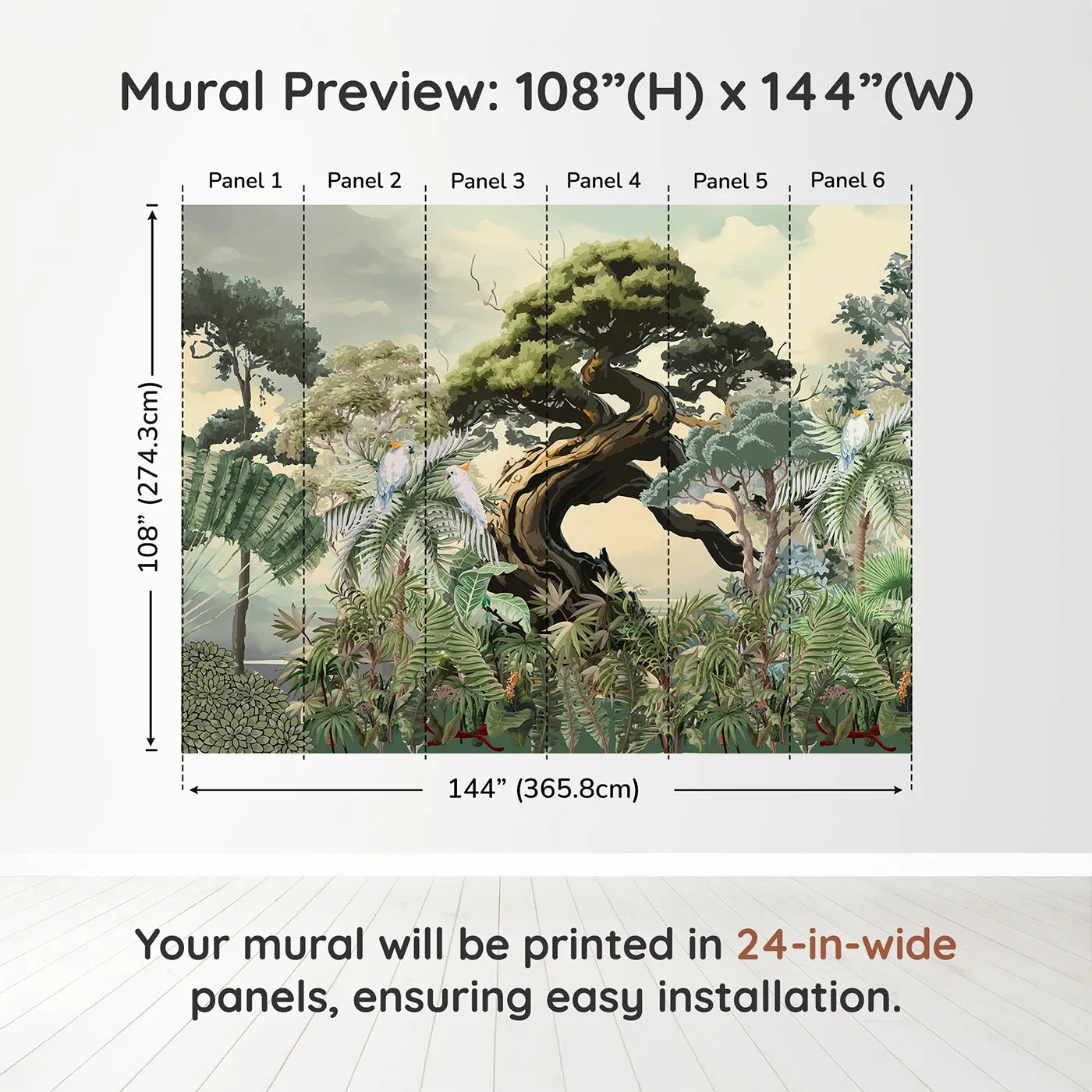Whimsy Tots Gnarled Tree Jungle Wall Muraldimension view (108" H x 144" W). Printed in six 24-inch-wide panels. Gender-Neutral