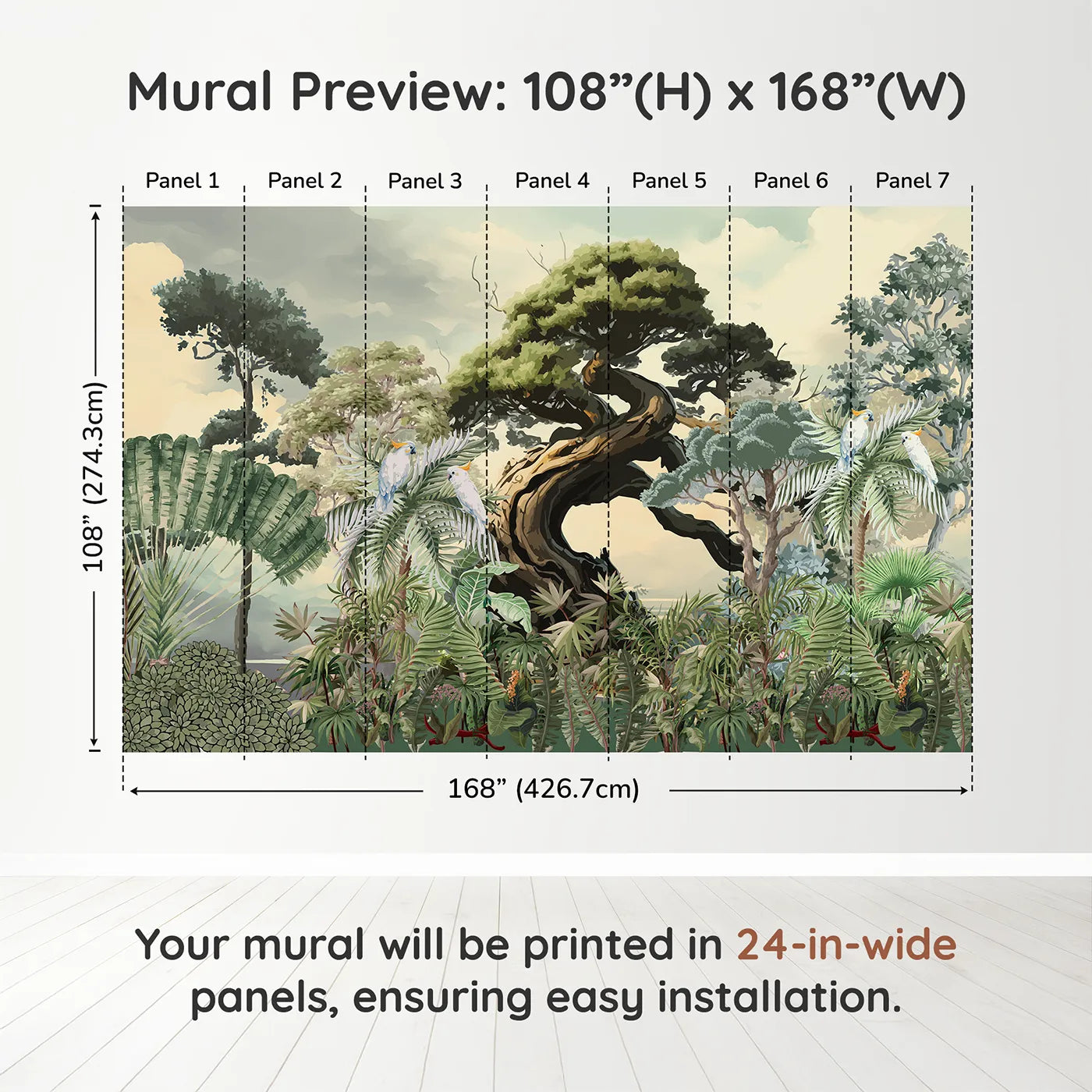 Whimsy Tots Gnarled Tree Jungle Wall Muraldimension view (108" H x 168" W). Printed in seven 24-inch-wide panels. Gender-Neutral