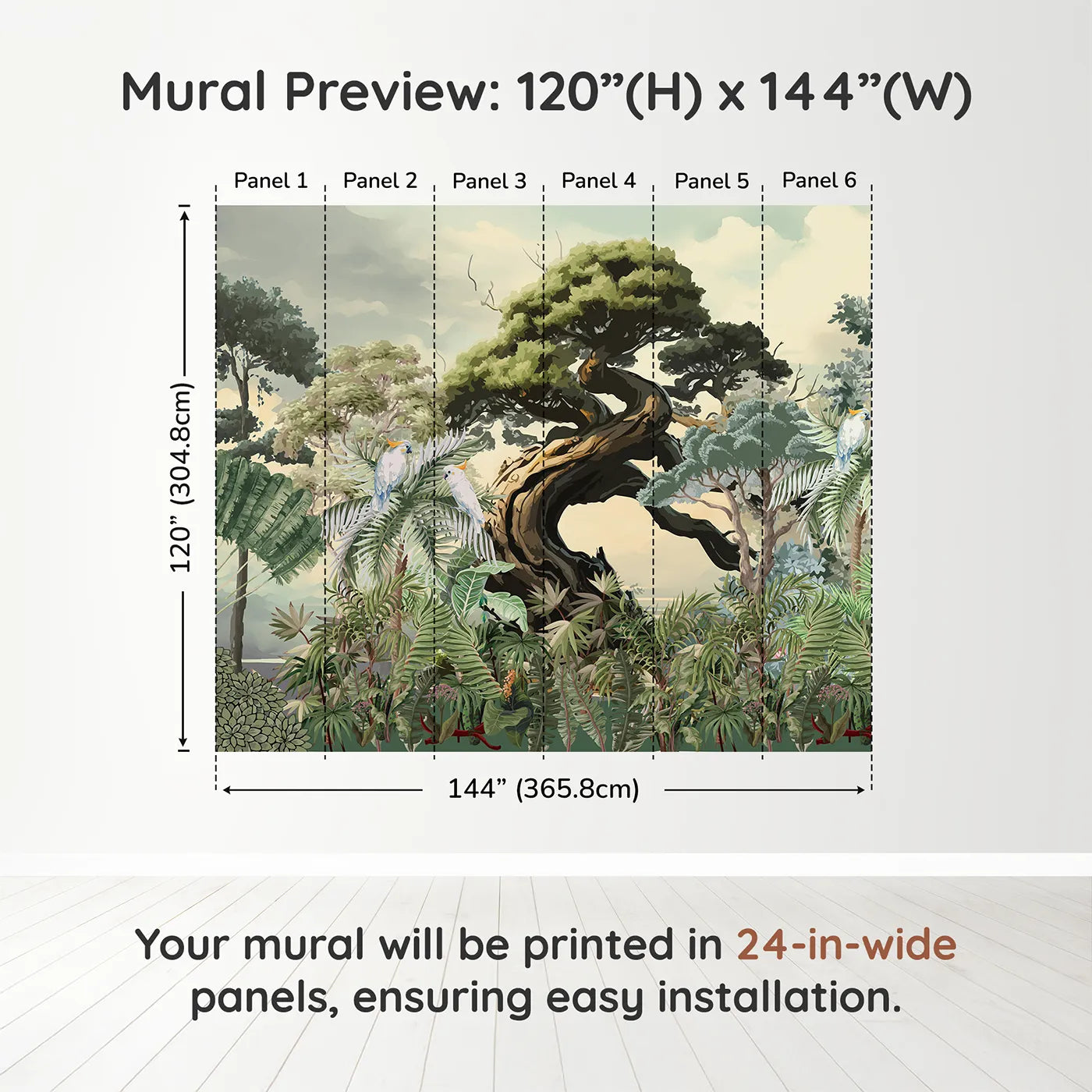 Whimsy Tots Gnarled Tree Jungle Wall Muraldimension view (120" H x 144" W). Printed in six 24-inch-wide panels. Gender-Neutral