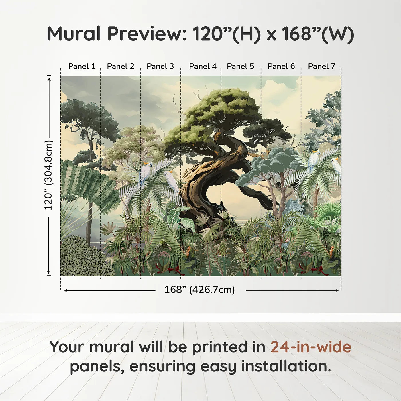 Whimsy Tots Gnarled Tree Jungle Wall Muraldimension view (120" H x 168" W). Printed in seven 24-inch-wide panels. Gender-Neutral