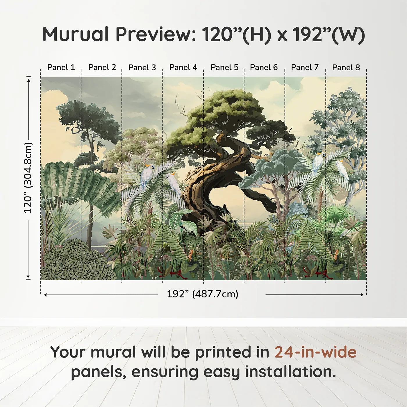 Whimsy Tots Gnarled Tree Jungle Wall Muraldimension view (120" H x 192" W). Printed in eight 24-inch-wide panels. Gender-Neutral