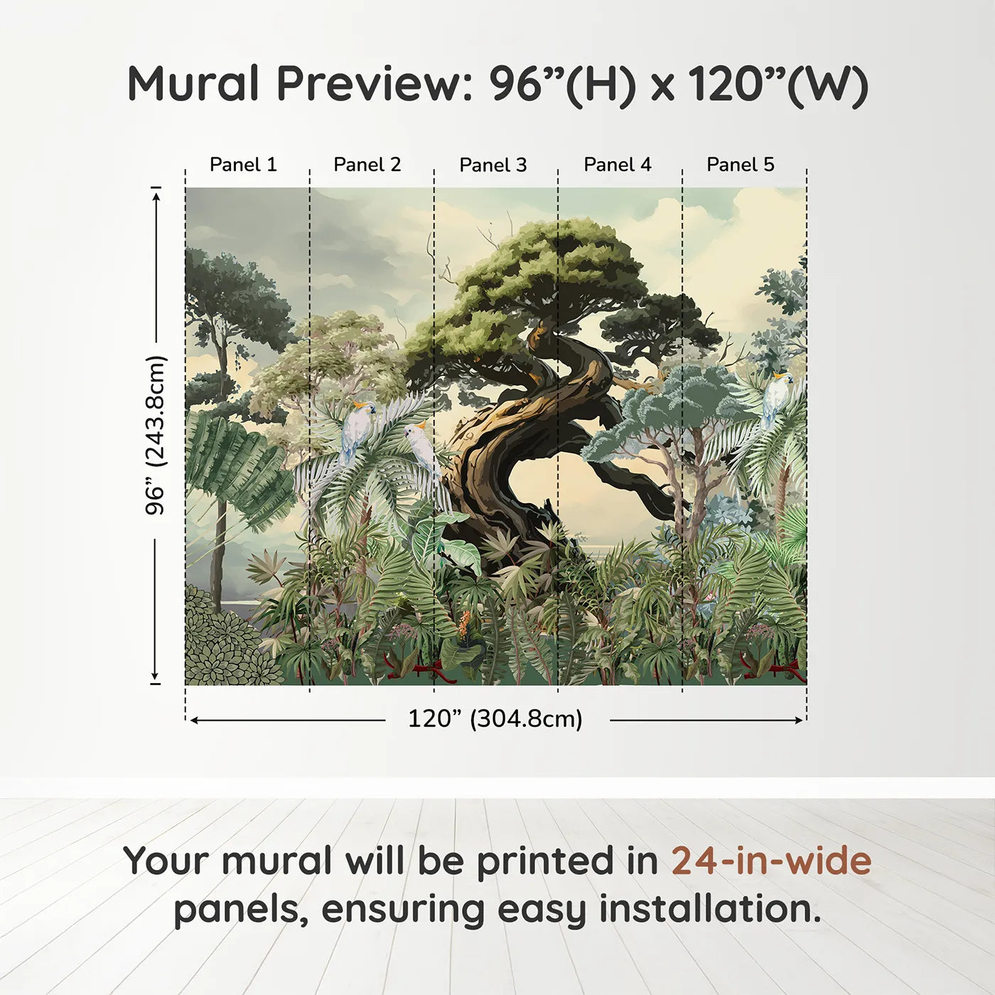 Whimsy Tots Gnarled Tree Jungle Wall Muraldimension view (96" H x 120" W). Printed in five 24-inch-wide panels. Gender-Neutral