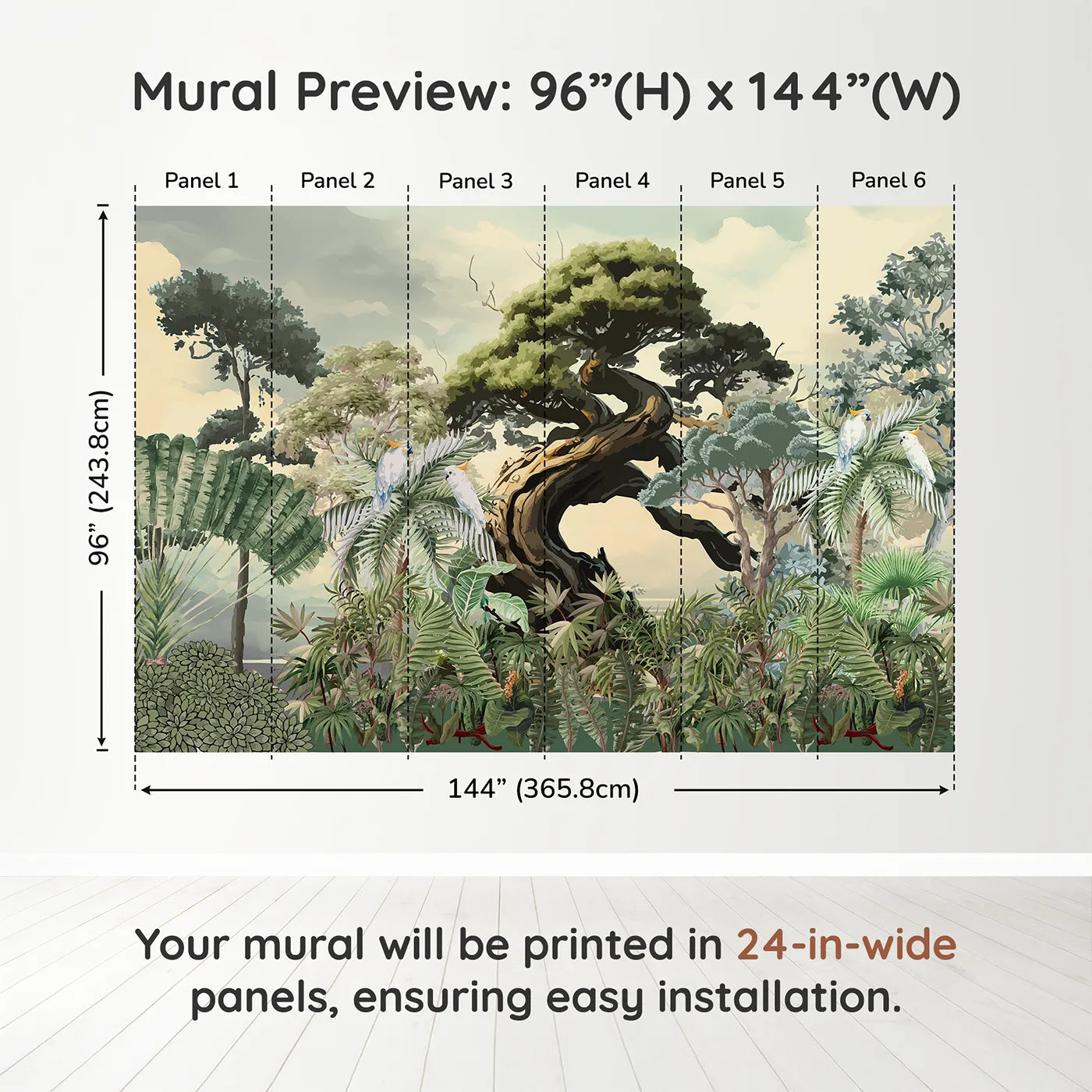 Whimsy Tots Gnarled Tree Jungle Wall Muraldimension view (96" H x 144" W). Printed in six 24-inch-wide panels. Gender-Neutral
