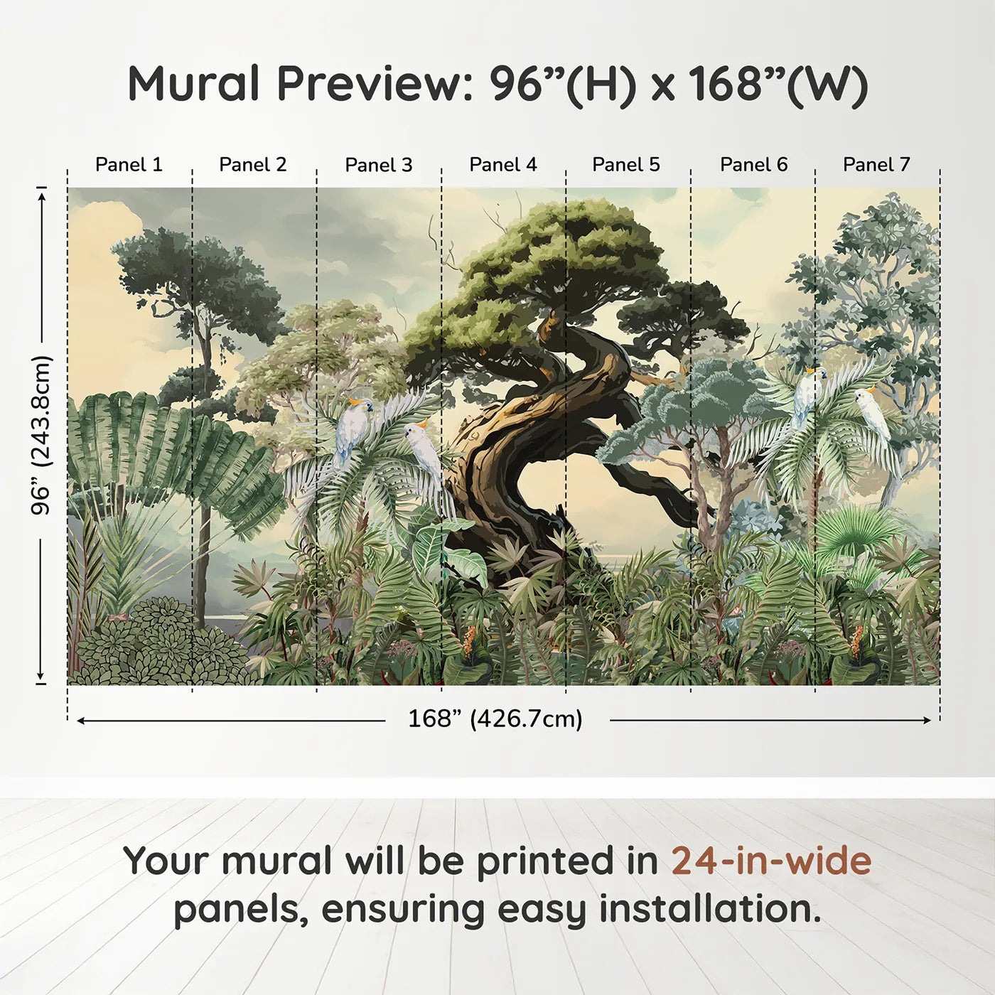 Whimsy Tots Gnarled Tree Jungle Wall Muraldimension view (96" H x 168" W). Printed in seven 24-inch-wide panels. Gender-Neutral