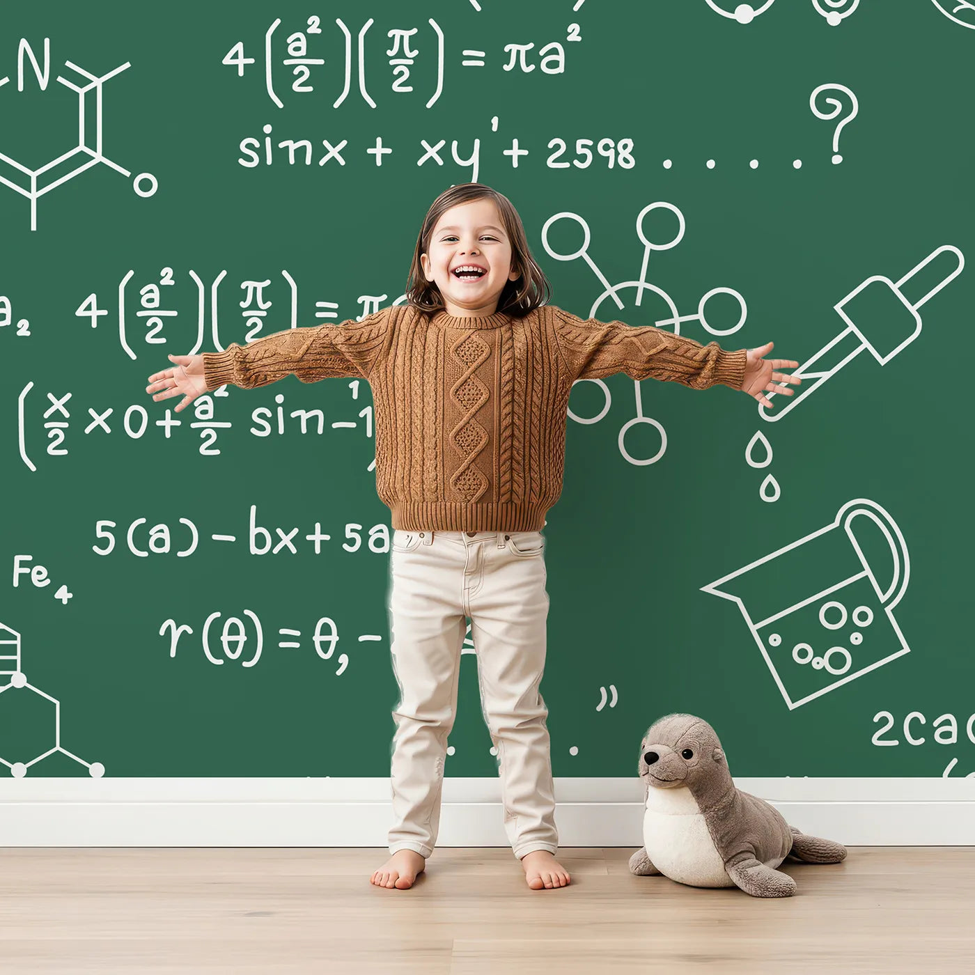 Child in front of Whimsy Tots Chemistry Lab Wall Mural with science, chemistry, formula, lab, chalkboard, educational, stem, pattern in design.