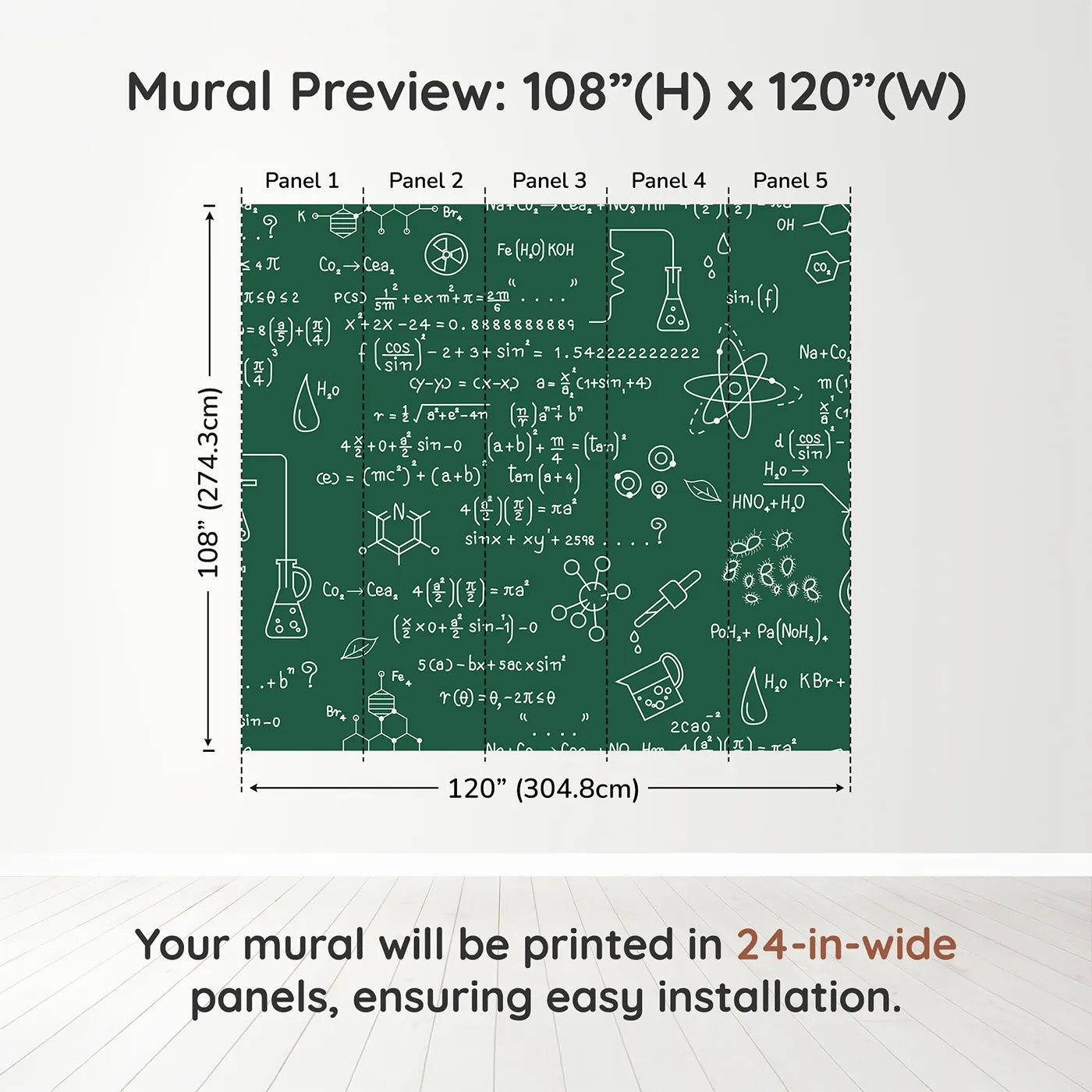 Whimsy Tots Chemistry Lab Wall Muraldimension view (108" H x 120" W). Printed in five 24-inch-wide panels. Gender-Neutral
