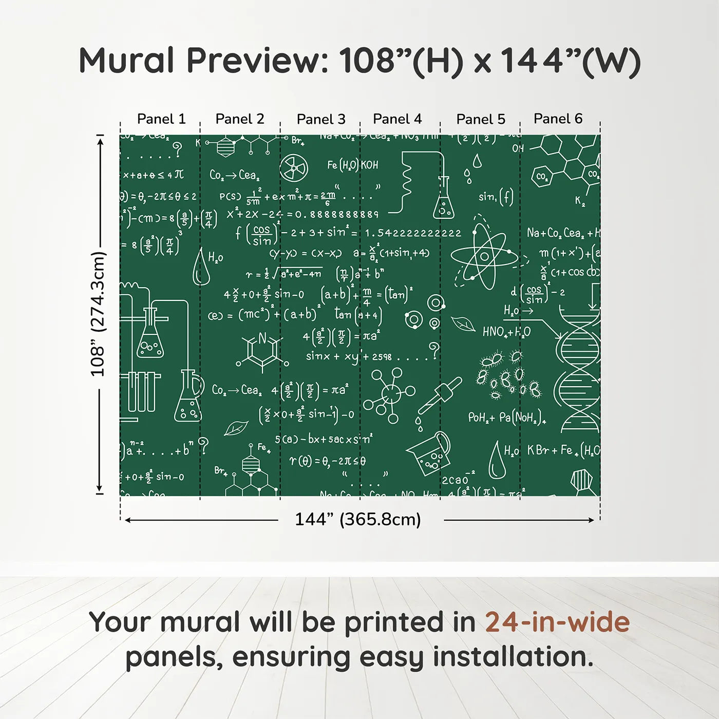 Whimsy Tots Chemistry Lab Wall Muraldimension view (108" H x 144" W). Printed in six 24-inch-wide panels. Gender-Neutral