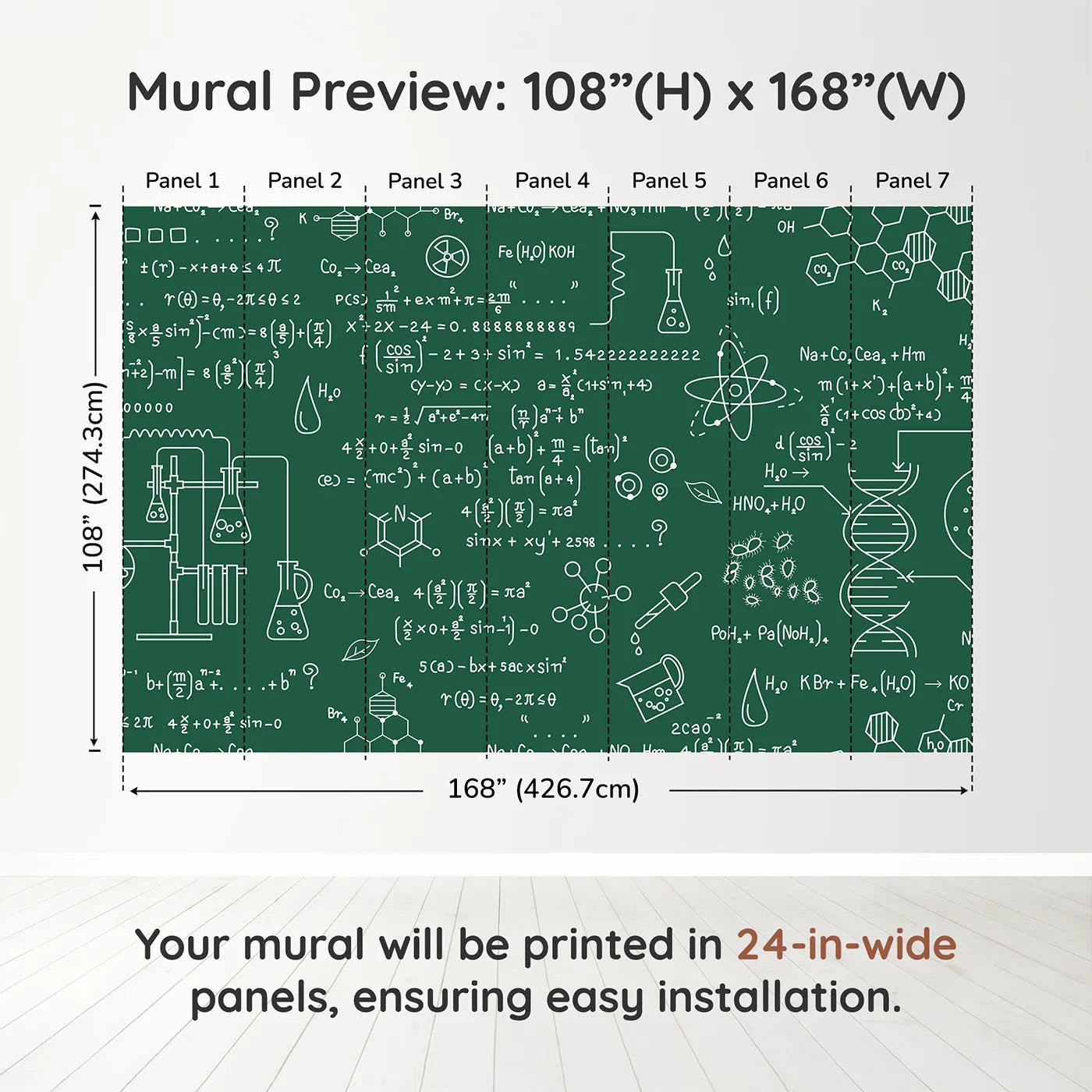 Whimsy Tots Chemistry Lab Wall Muraldimension view (108" H x 168" W). Printed in seven 24-inch-wide panels. Gender-Neutral