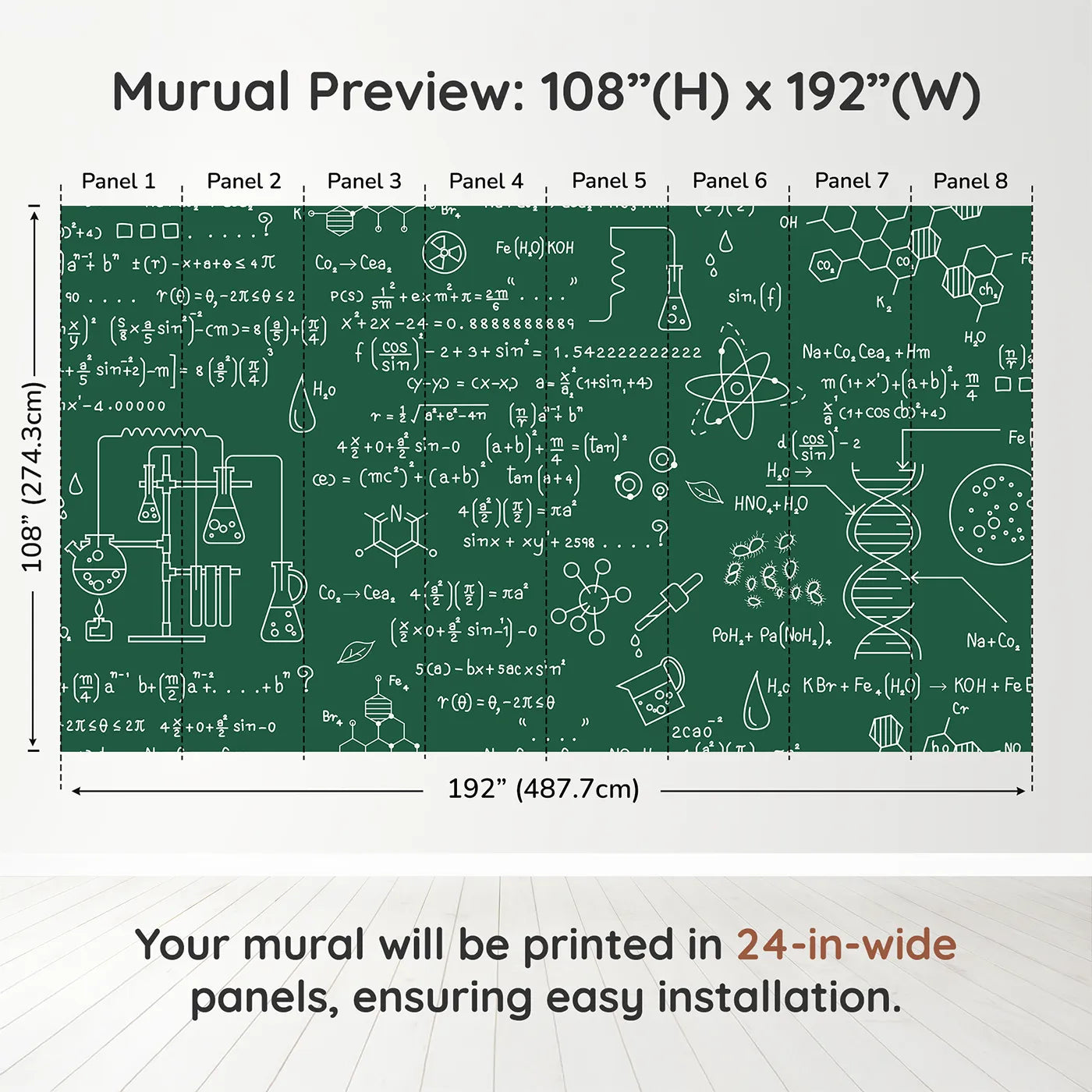 Whimsy Tots Chemistry Lab Wall Muraldimension view (108" H x 192" W). Printed in eight 24-inch-wide panels. Gender-Neutral