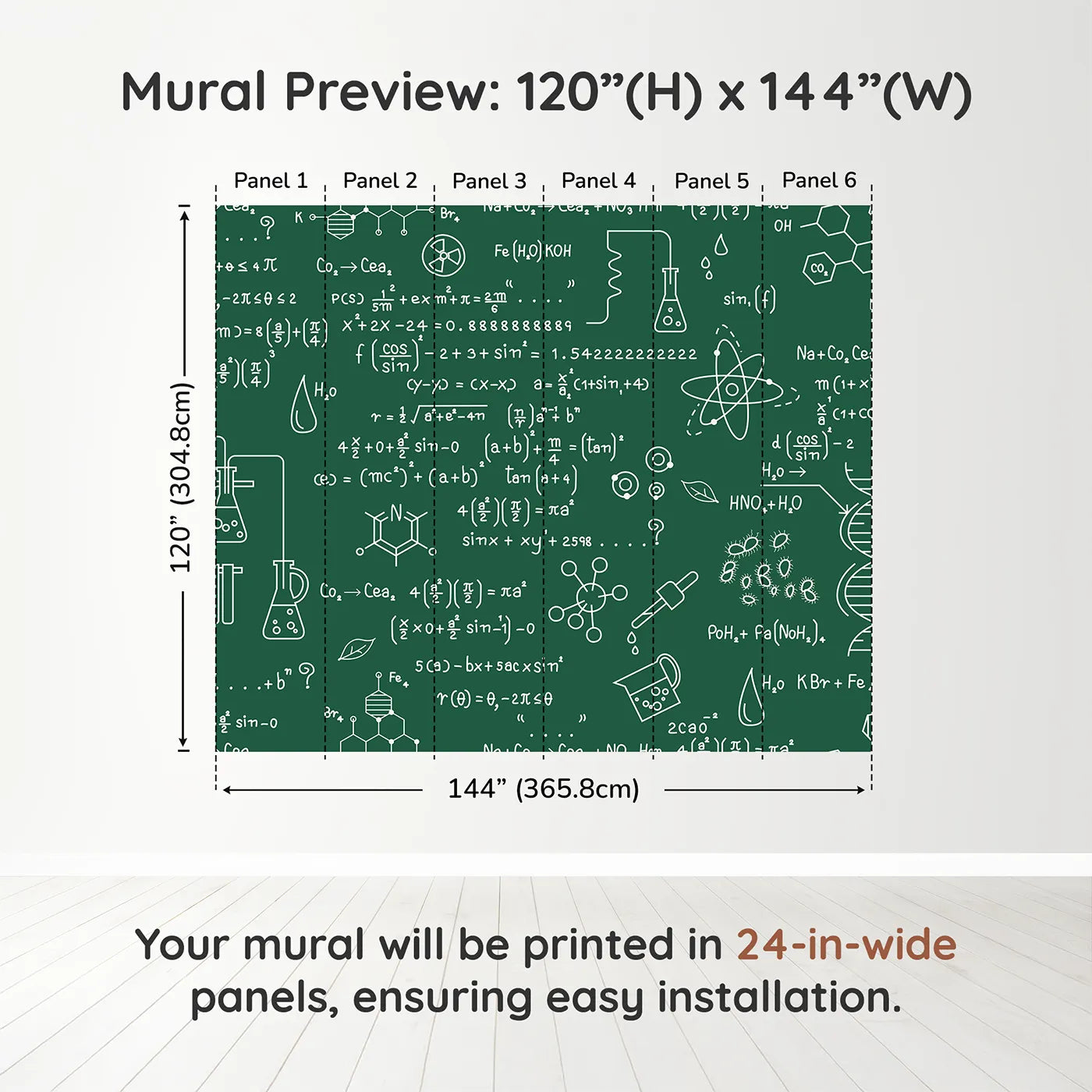 Whimsy Tots Chemistry Lab Wall Muraldimension view (120" H x 144" W). Printed in six 24-inch-wide panels. Gender-Neutral