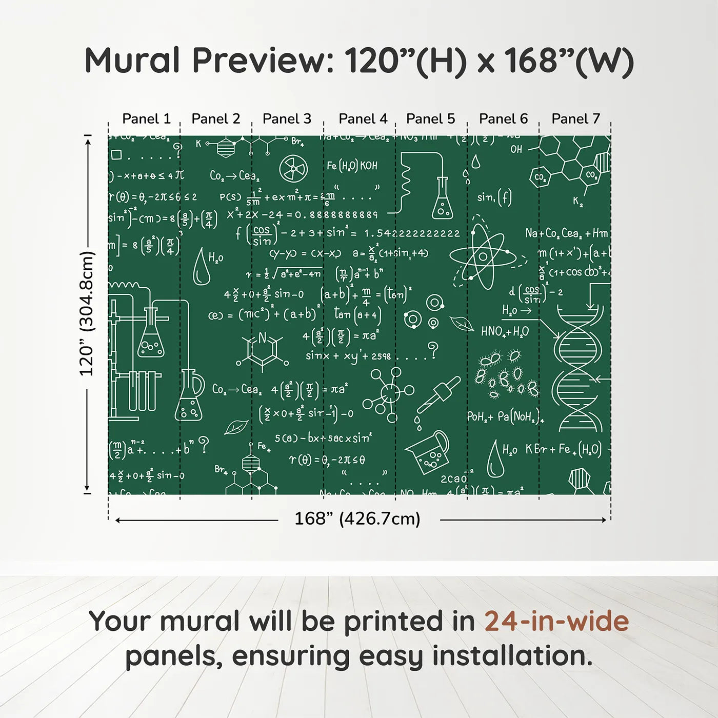 Whimsy Tots Chemistry Lab Wall Muraldimension view (120" H x 168" W). Printed in seven 24-inch-wide panels. Gender-Neutral