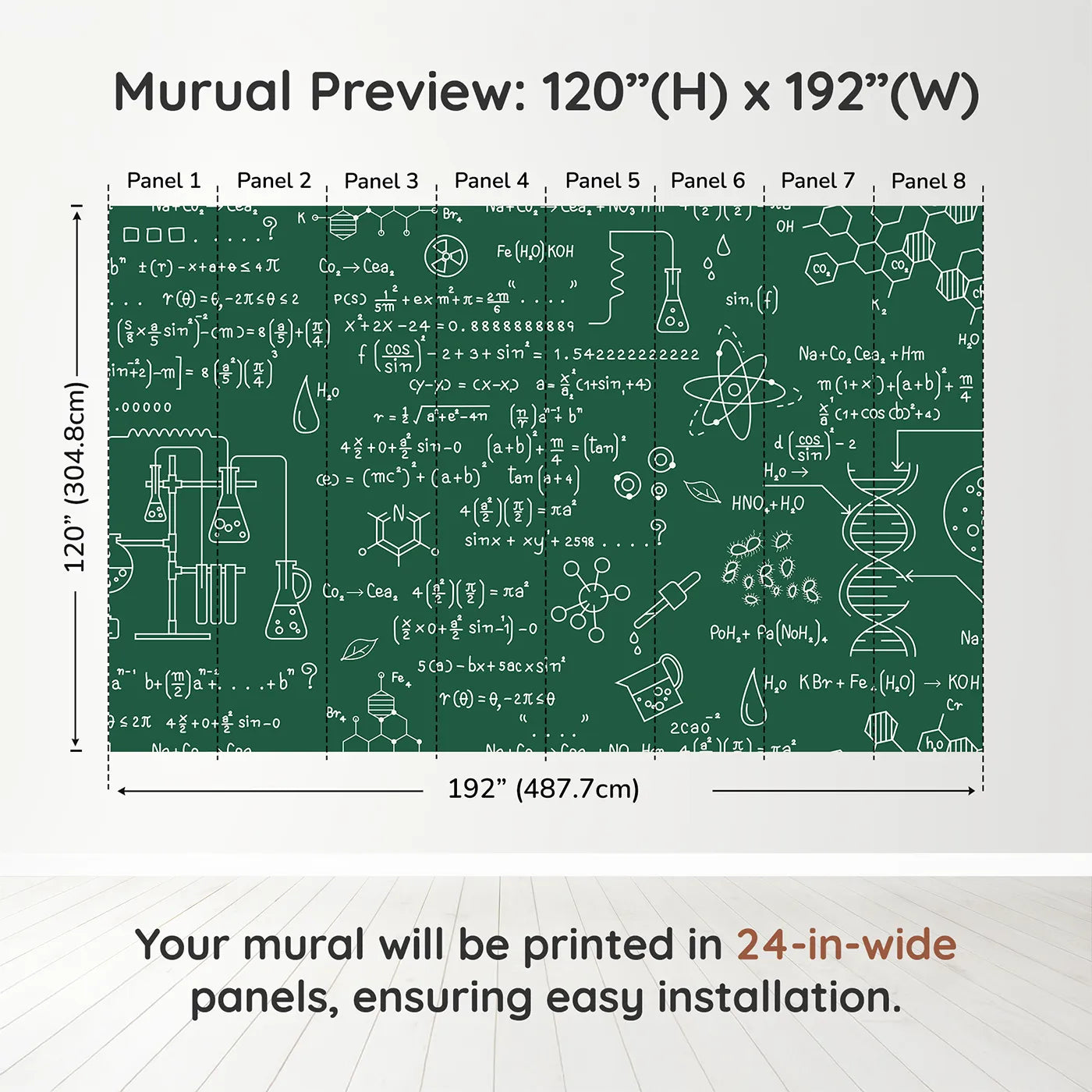 Whimsy Tots Chemistry Lab Wall Muraldimension view (120" H x 192" W). Printed in eight 24-inch-wide panels. Gender-Neutral