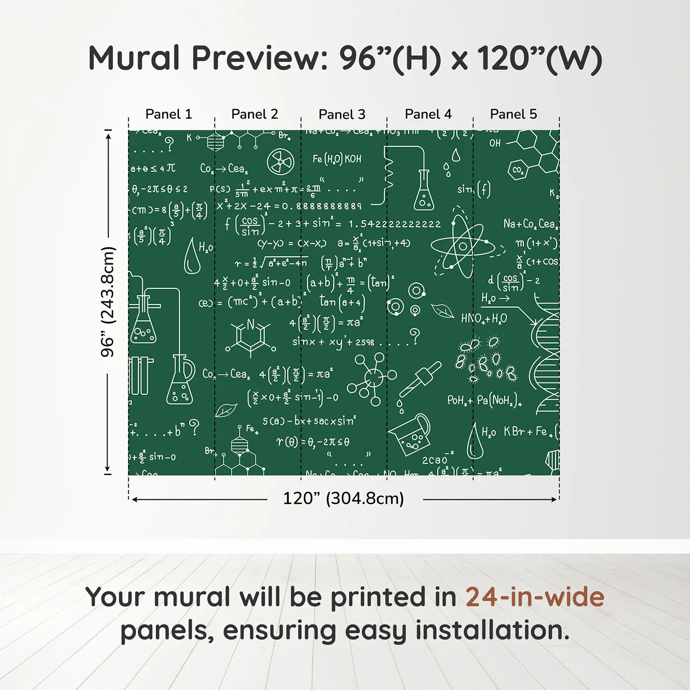 Whimsy Tots Chemistry Lab Wall Muraldimension view (96" H x 120" W). Printed in five 24-inch-wide panels. Gender-Neutral
