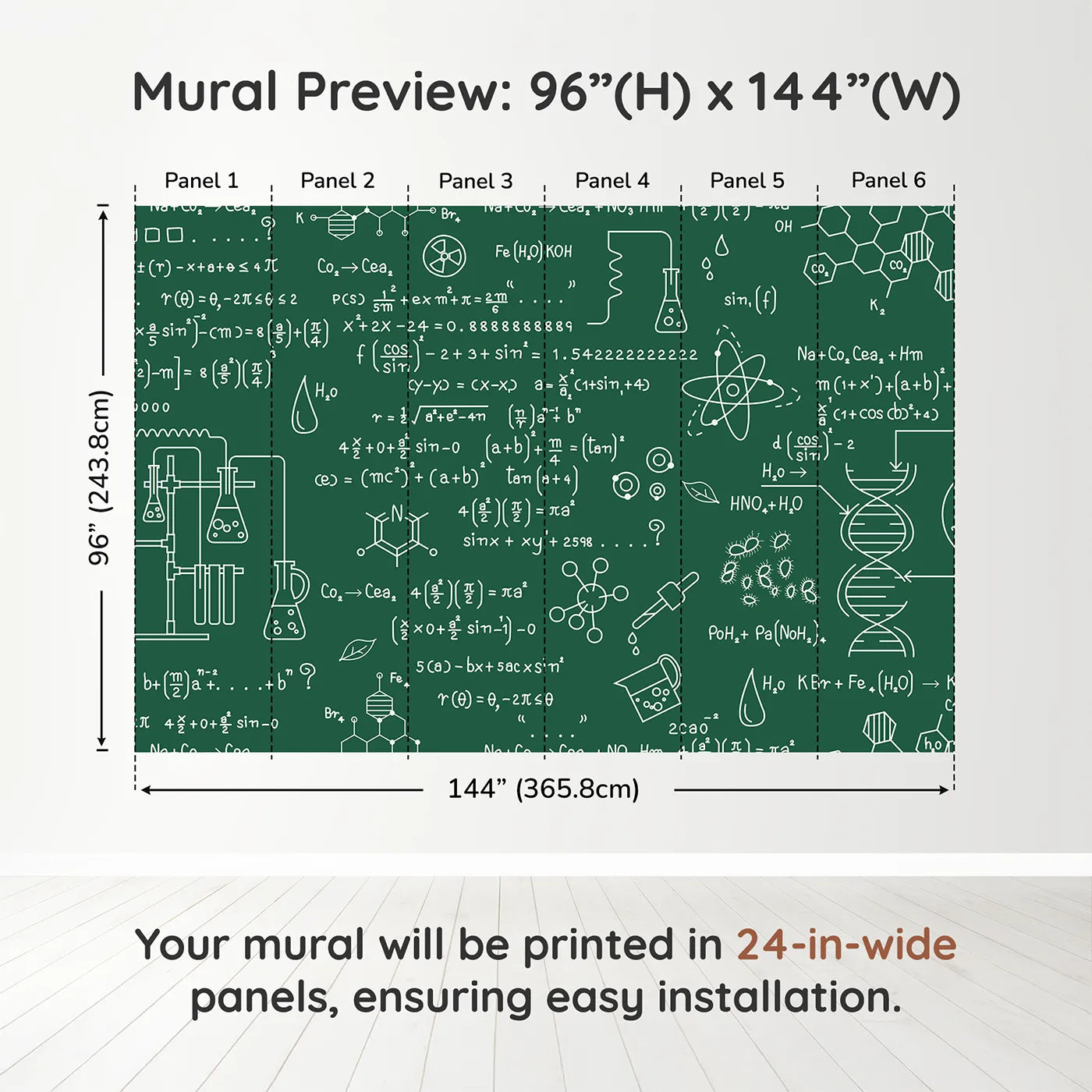 Whimsy Tots Chemistry Lab Wall Muraldimension view (96" H x 144" W). Printed in six 24-inch-wide panels. Gender-Neutral