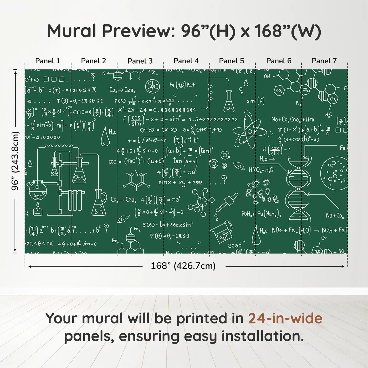 Whimsy Tots Chemistry Lab Wall Muraldimension view (96" H x 168" W). Printed in seven 24-inch-wide panels. Gender-Neutral