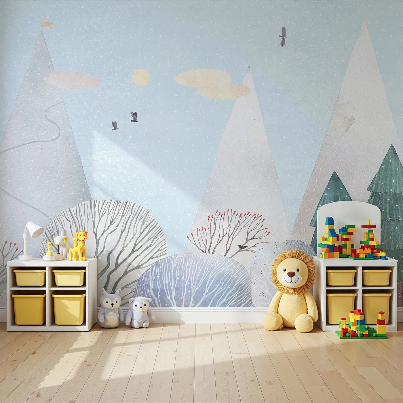 Angled view of Whimsy Tots' Snowy Forest Wall Mural (Turn Their Room into a Peaceful, Painted Woodland).Gender-Neutral