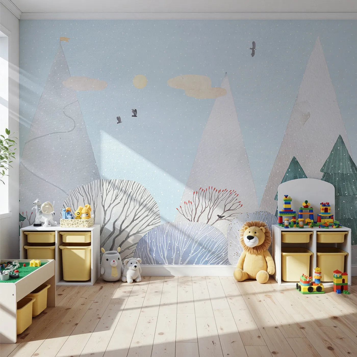 Front view of Whimsy Tots' Snowy Forest Wall Mural