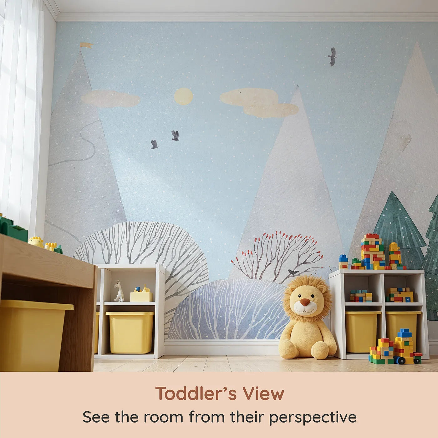 Whimsy Tots Snowy Forest Wall Mural (Turn Their Room into a Peaceful, Painted Woodland) from your child's view.Gender-Neutral