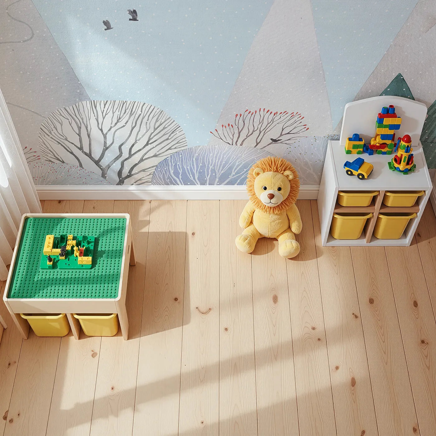 Top-down view of Whimsy Tots' Snowy Forest Wall Mural (Turn Their Room into a Peaceful, Painted Woodland).Gender-Neutral