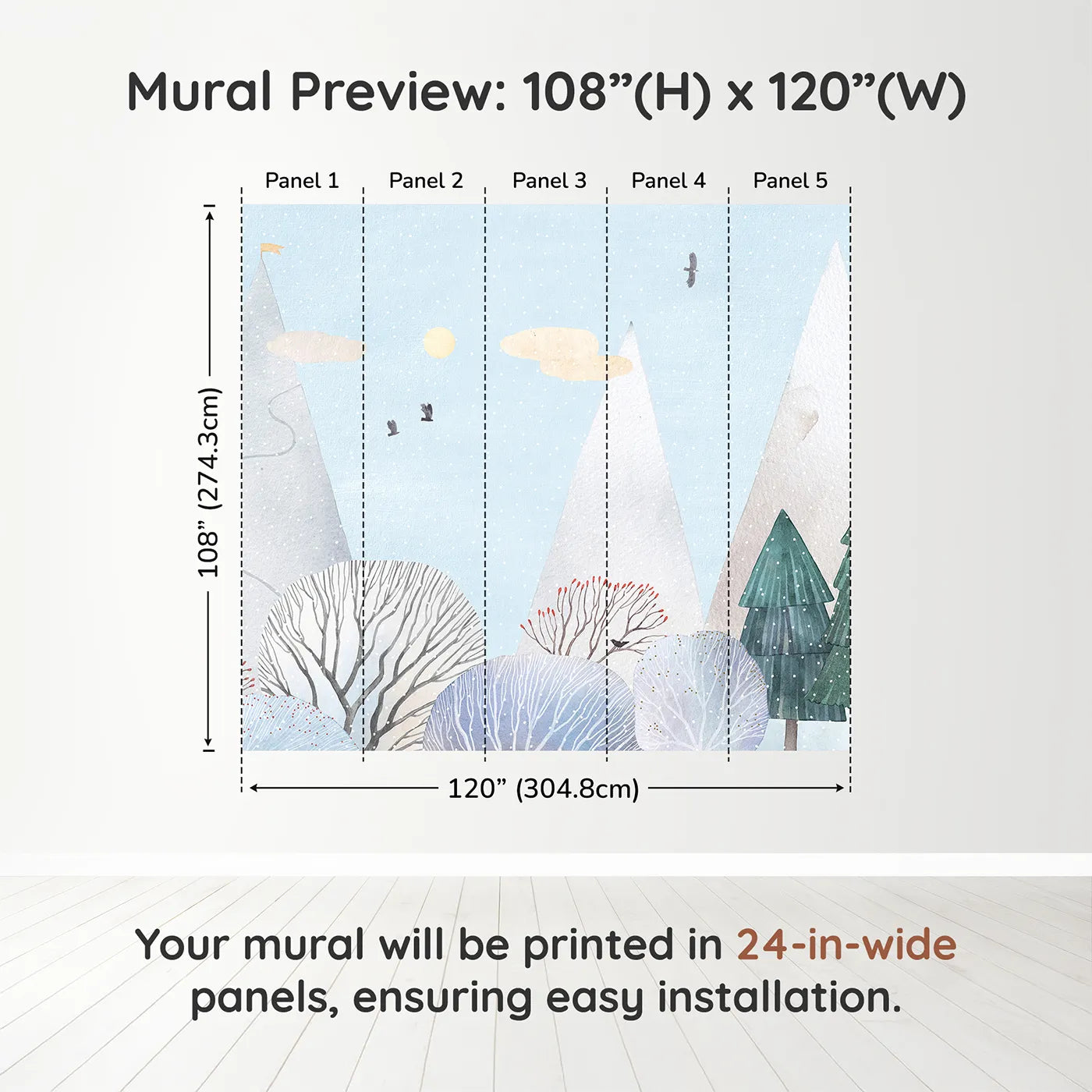 Whimsy Tots Snowy Forest Wall Muraldimension view (108" H x 120" W). Printed in five 24-inch-wide panels. Gender-Neutral