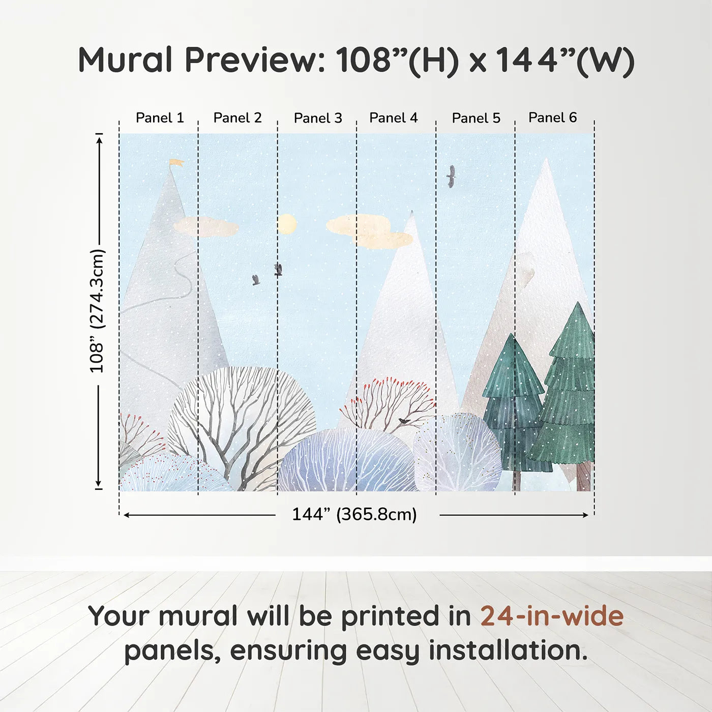 Whimsy Tots Snowy Forest Wall Muraldimension view (108" H x 144" W). Printed in six 24-inch-wide panels. Gender-Neutral