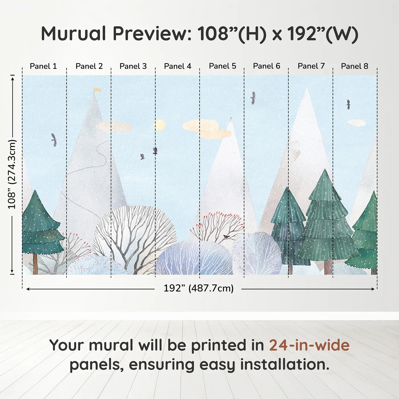 Whimsy Tots Snowy Forest Wall Muraldimension view (108" H x 192" W). Printed in eight 24-inch-wide panels. Gender-Neutral