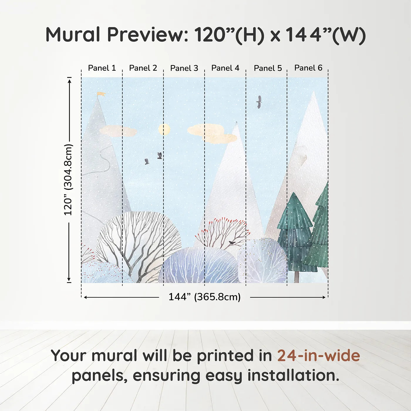 Whimsy Tots Snowy Forest Wall Muraldimension view (120" H x 144" W). Printed in six 24-inch-wide panels. Gender-Neutral