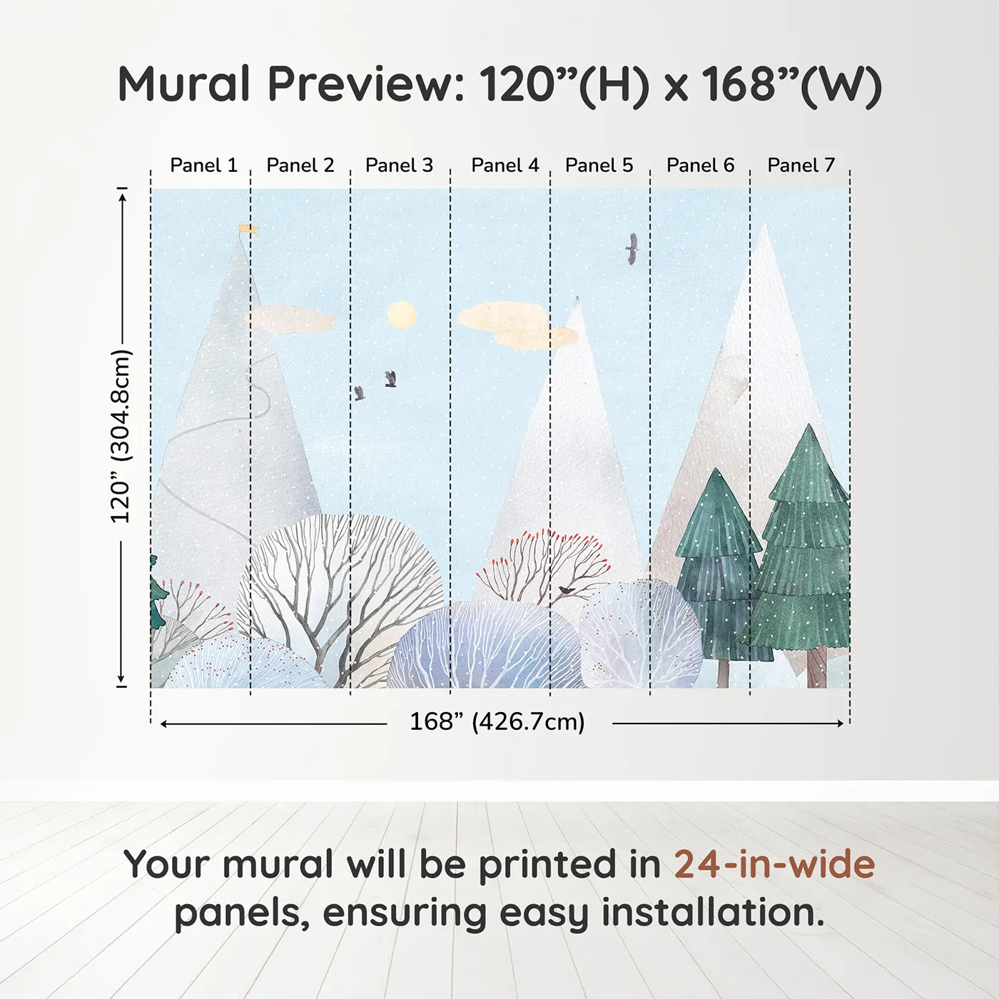 Whimsy Tots Snowy Forest Wall Muraldimension view (120" H x 168" W). Printed in seven 24-inch-wide panels. Gender-Neutral