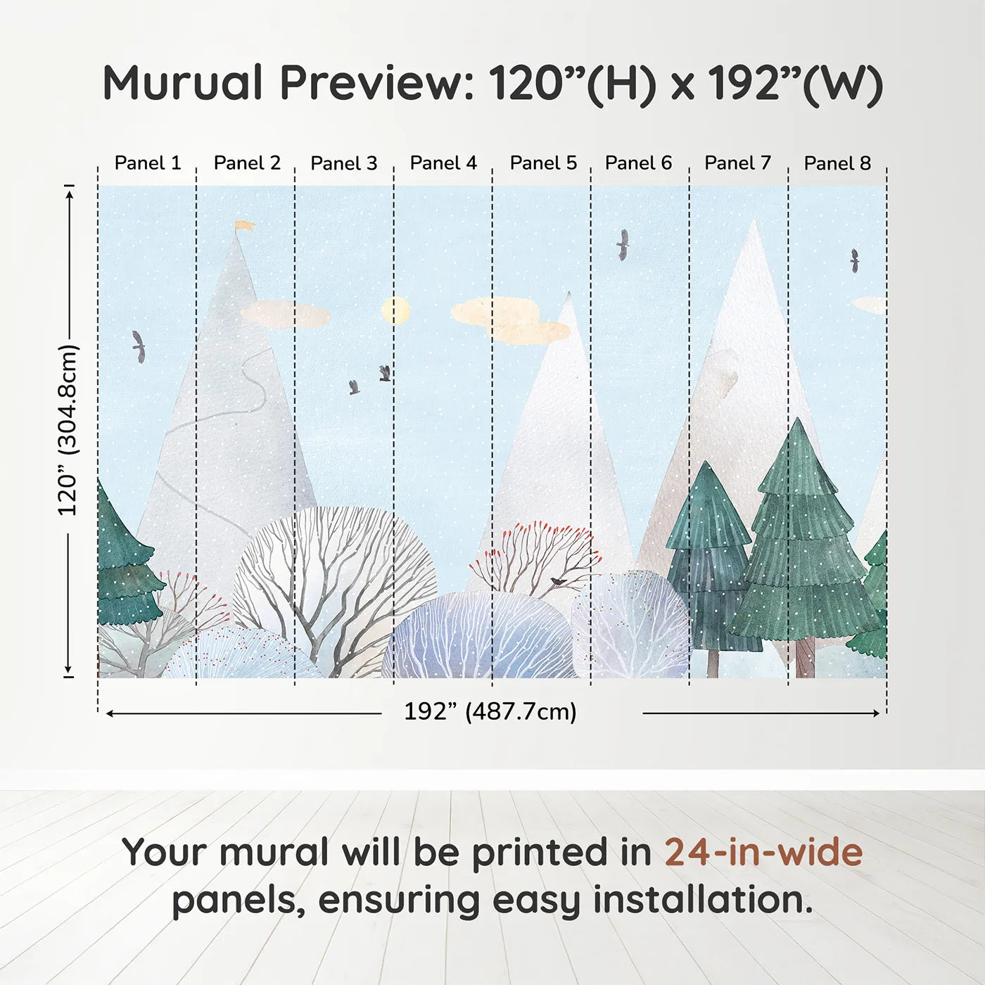 Whimsy Tots Snowy Forest Wall Muraldimension view (120" H x 192" W). Printed in eight 24-inch-wide panels. Gender-Neutral