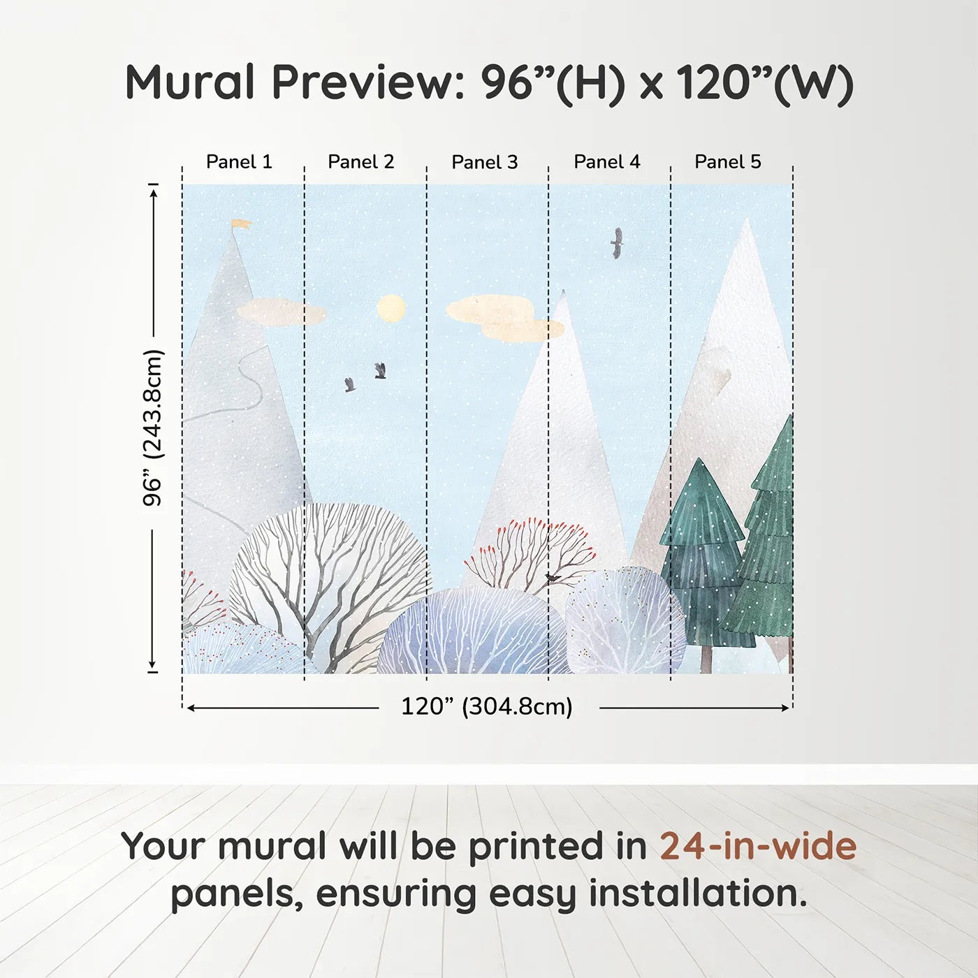 Whimsy Tots Snowy Forest Wall Muraldimension view (96" H x 120" W). Printed in five 24-inch-wide panels. Gender-Neutral