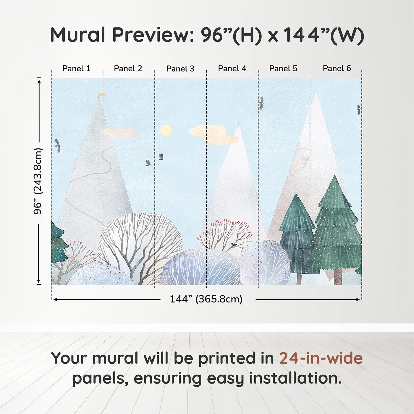 Whimsy Tots Snowy Forest Wall Muraldimension view (96" H x 144" W). Printed in six 24-inch-wide panels. Gender-Neutral