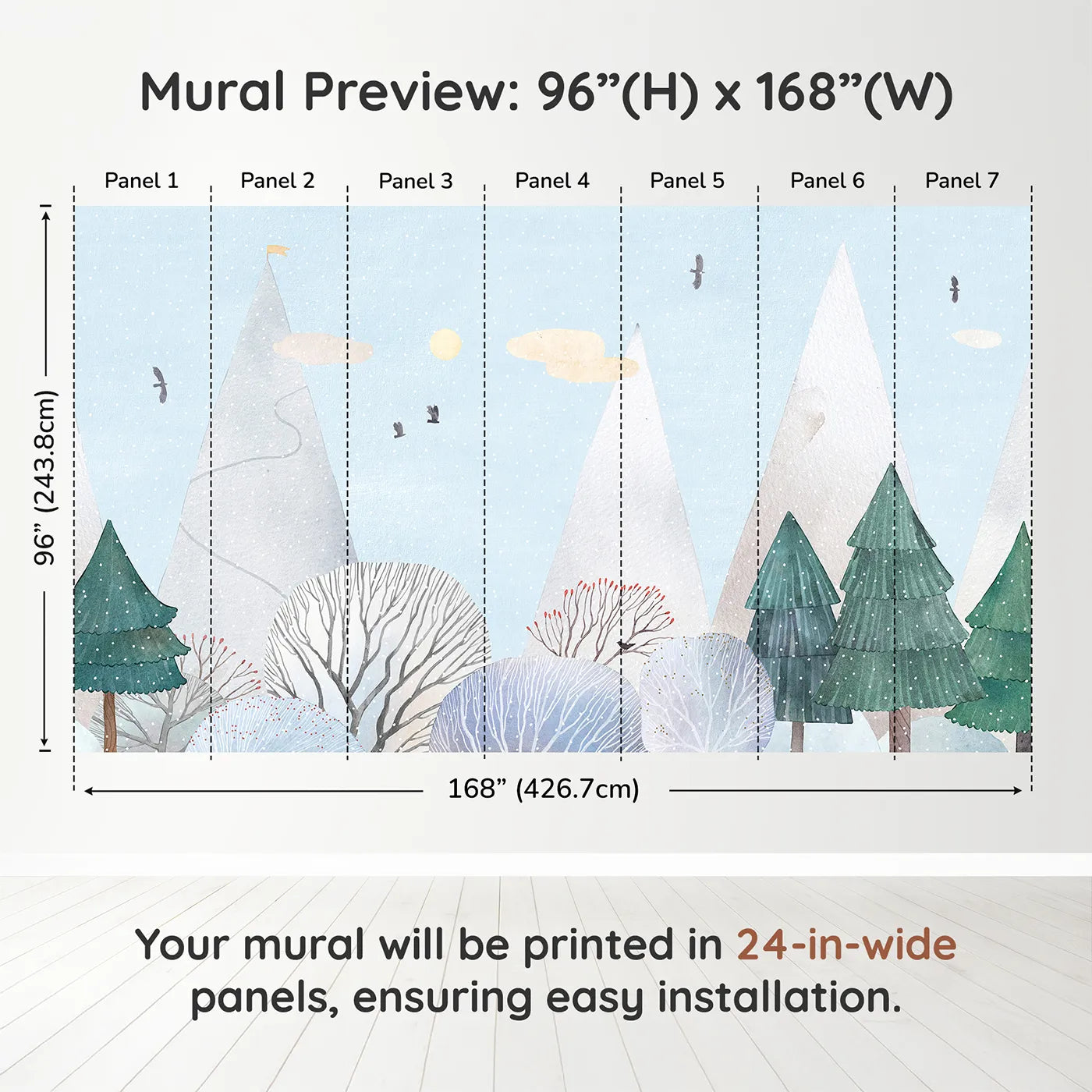 Whimsy Tots Snowy Forest Wall Muraldimension view (96" H x 168" W). Printed in seven 24-inch-wide panels. Gender-Neutral