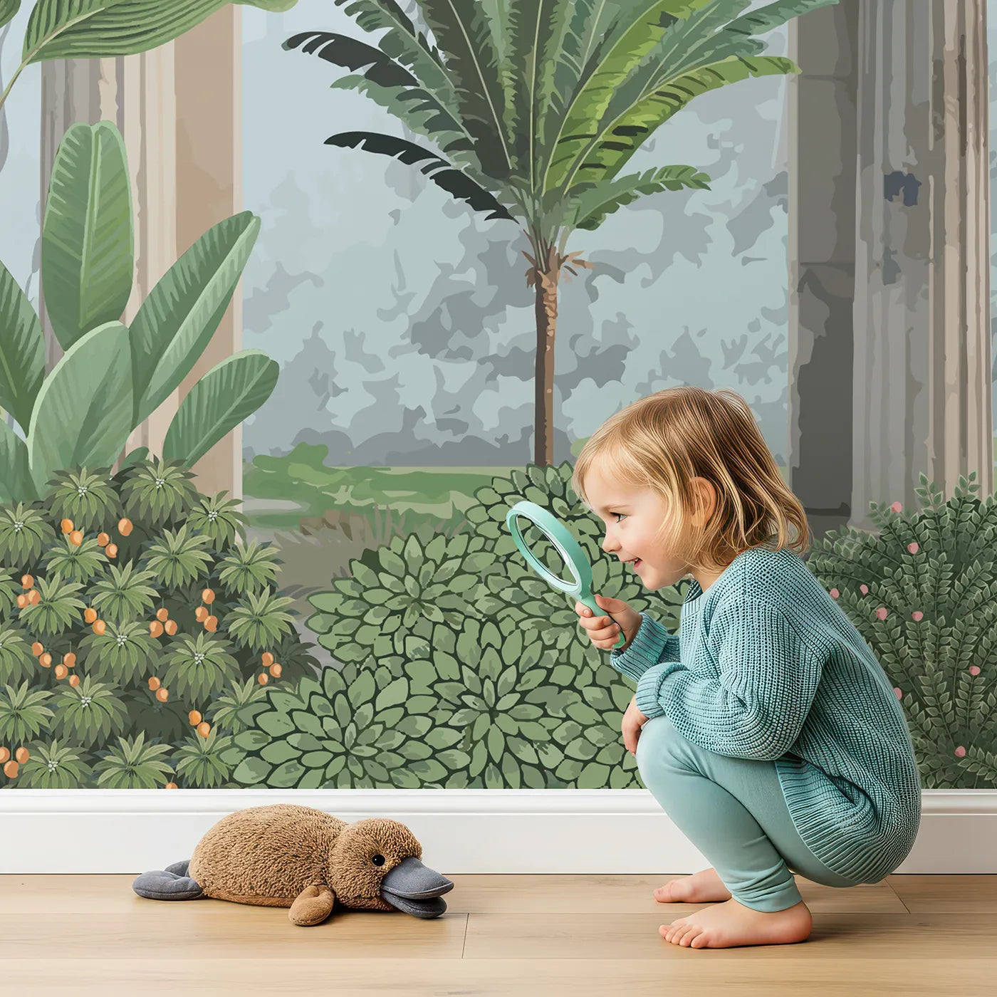 Child in front of Whimsy Tots Peacock Ruins Wall Mural with chinoiserie, vintage, peacock, bird, exotic, tropical, classic, garden in design.