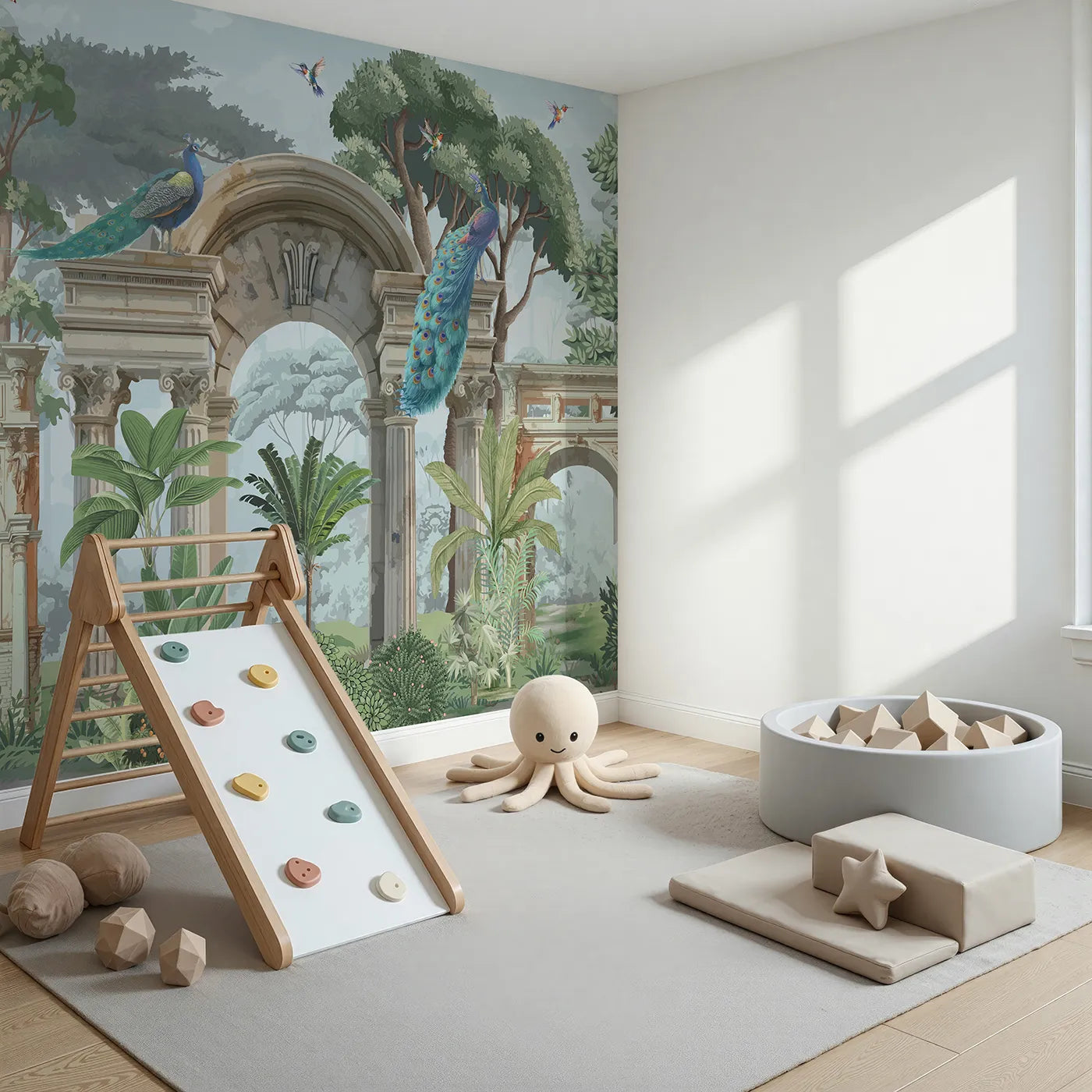 Angled view of Whimsy Tots' Peacock Ruins Wall Mural (Turn Their Room into a Grand and Elegant Garden).Gender-Neutral