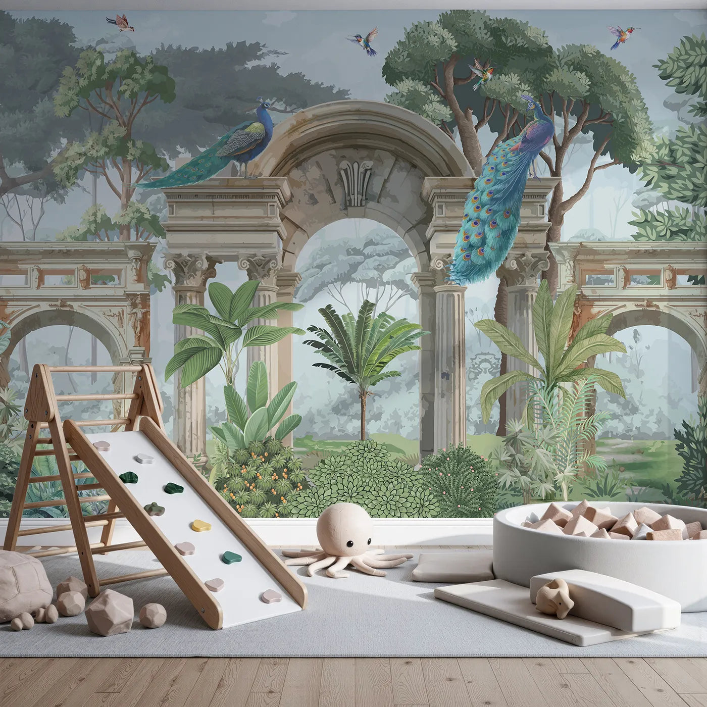 Front view of Whimsy Tots' Peacock Ruins Wall Mural