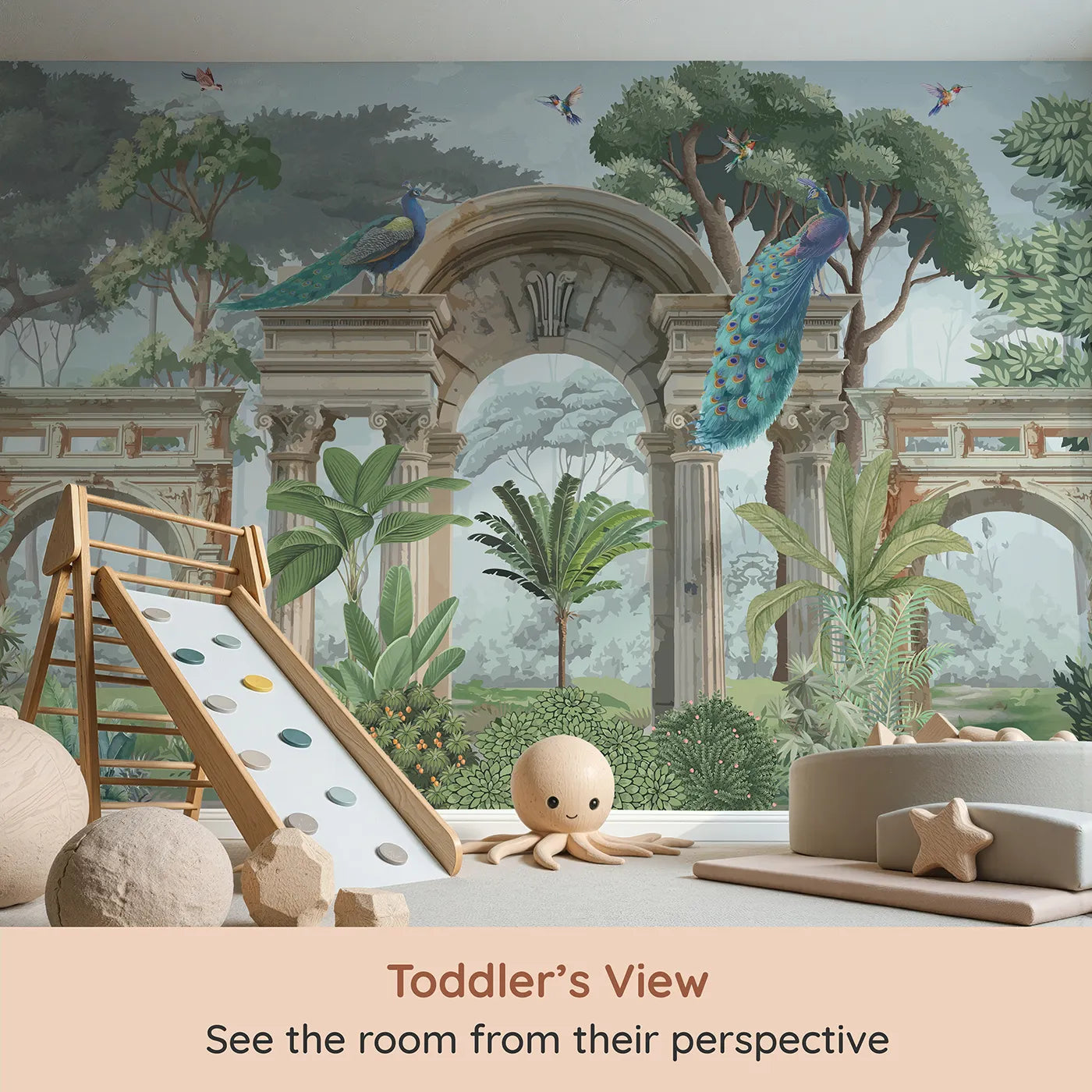 Whimsy Tots Peacock Ruins Wall Mural (Turn Their Room into a Grand and Elegant Garden) from your child's view.Gender-Neutral