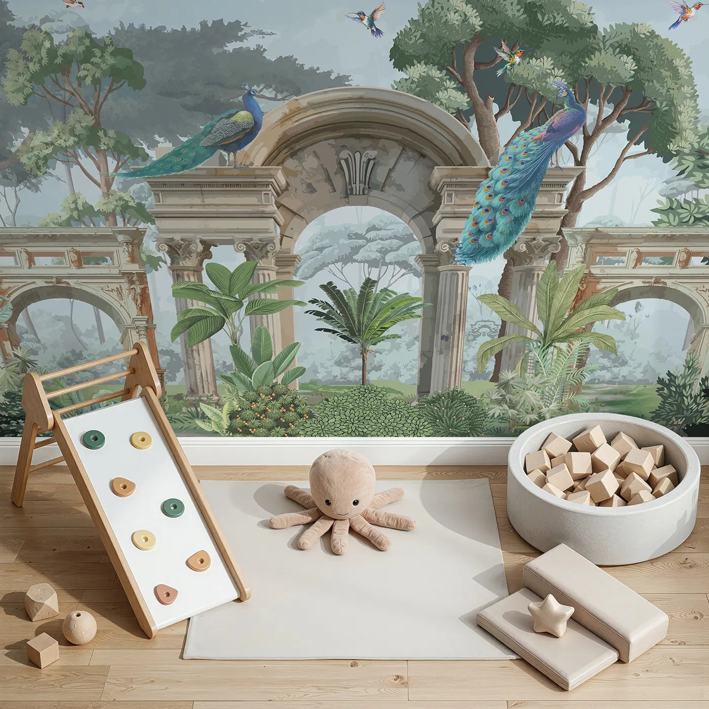 Top-down view of Whimsy Tots' Peacock Ruins Wall Mural (Turn Their Room into a Grand and Elegant Garden).Gender-Neutral