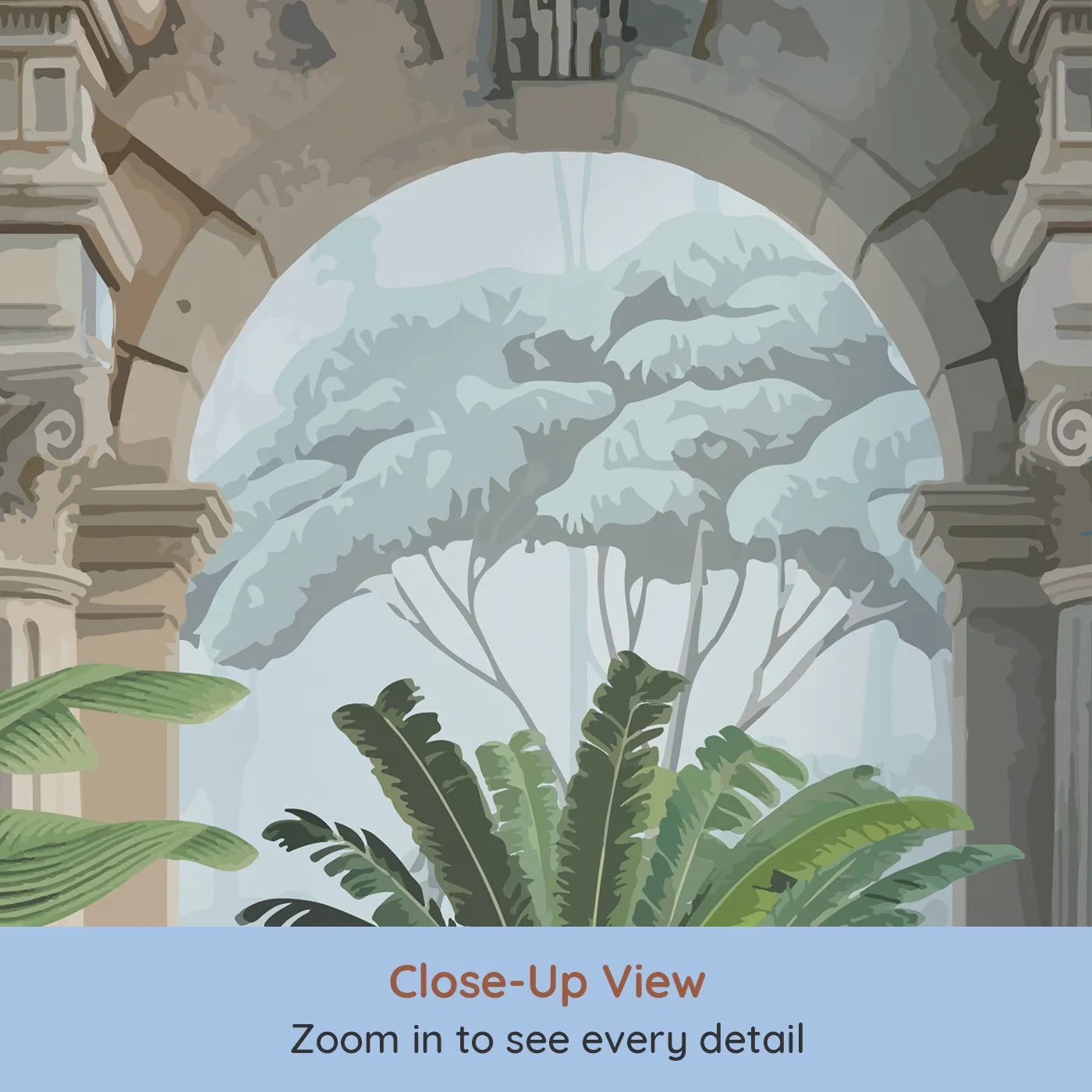 Close-up view of Whimsy Tots' Peacock Ruins Wall Mural (Turn Their Room into a Grand and Elegant Garden).Gender-Neutral