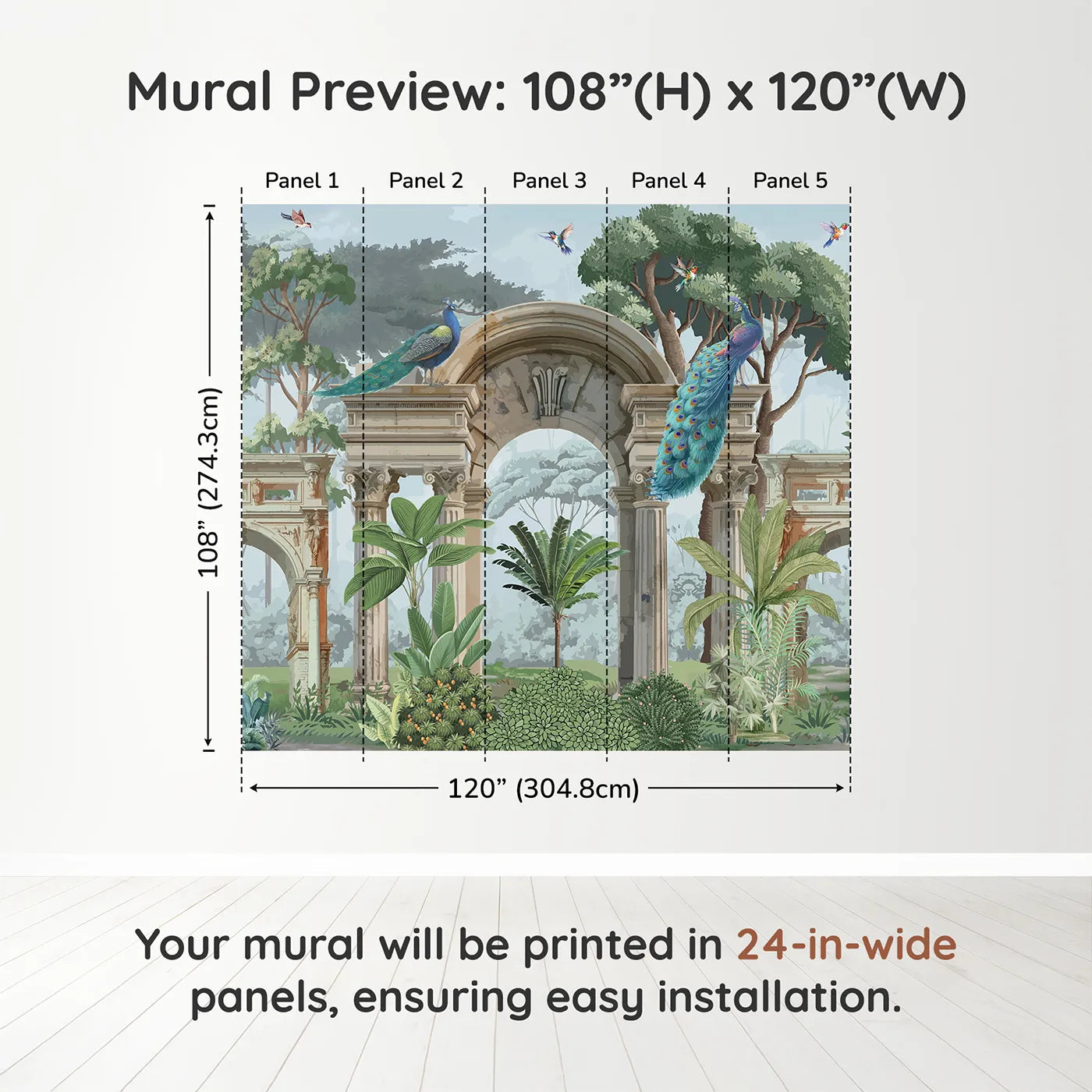 Whimsy Tots Peacock Ruins Wall Muraldimension view (108" H x 120" W). Printed in five 24-inch-wide panels. Gender-Neutral