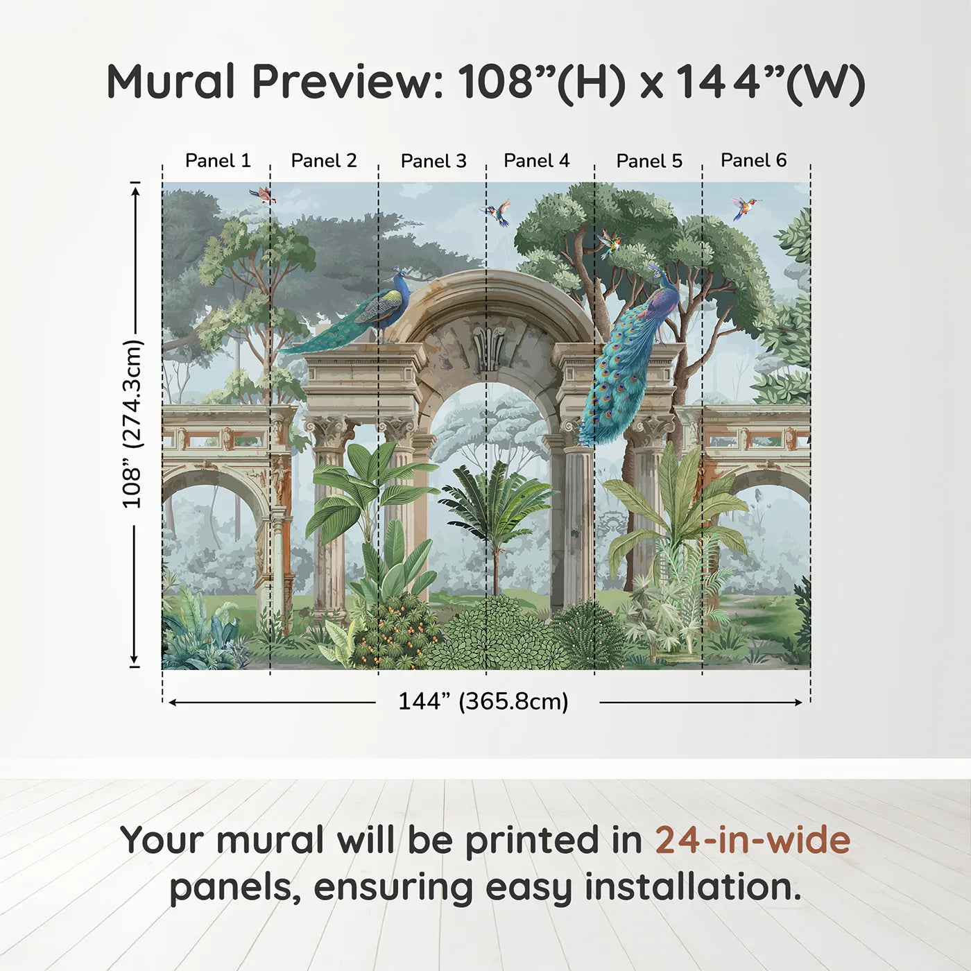 Whimsy Tots Peacock Ruins Wall Muraldimension view (108" H x 144" W). Printed in six 24-inch-wide panels. Gender-Neutral