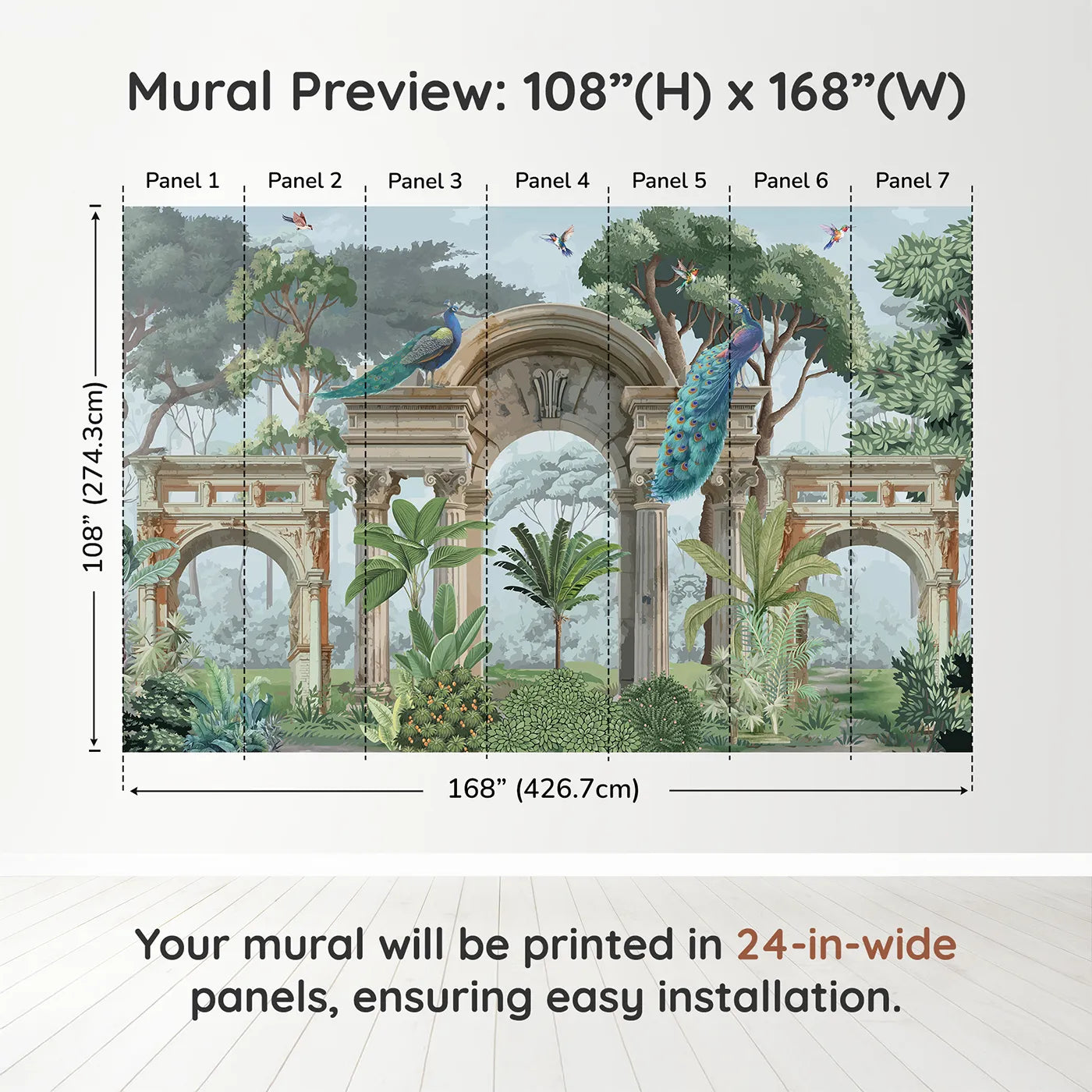 Whimsy Tots Peacock Ruins Wall Muraldimension view (108" H x 168" W). Printed in seven 24-inch-wide panels. Gender-Neutral