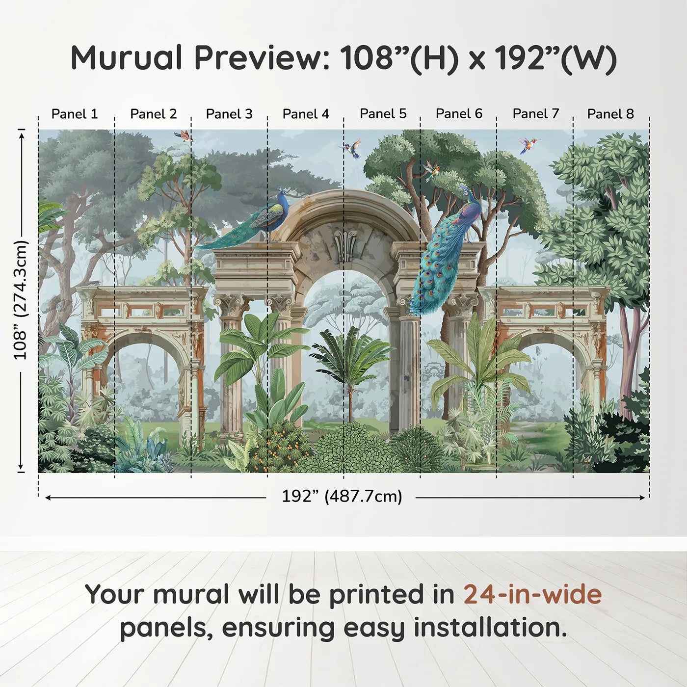 Whimsy Tots Peacock Ruins Wall Muraldimension view (108" H x 192" W). Printed in eight 24-inch-wide panels. Gender-Neutral