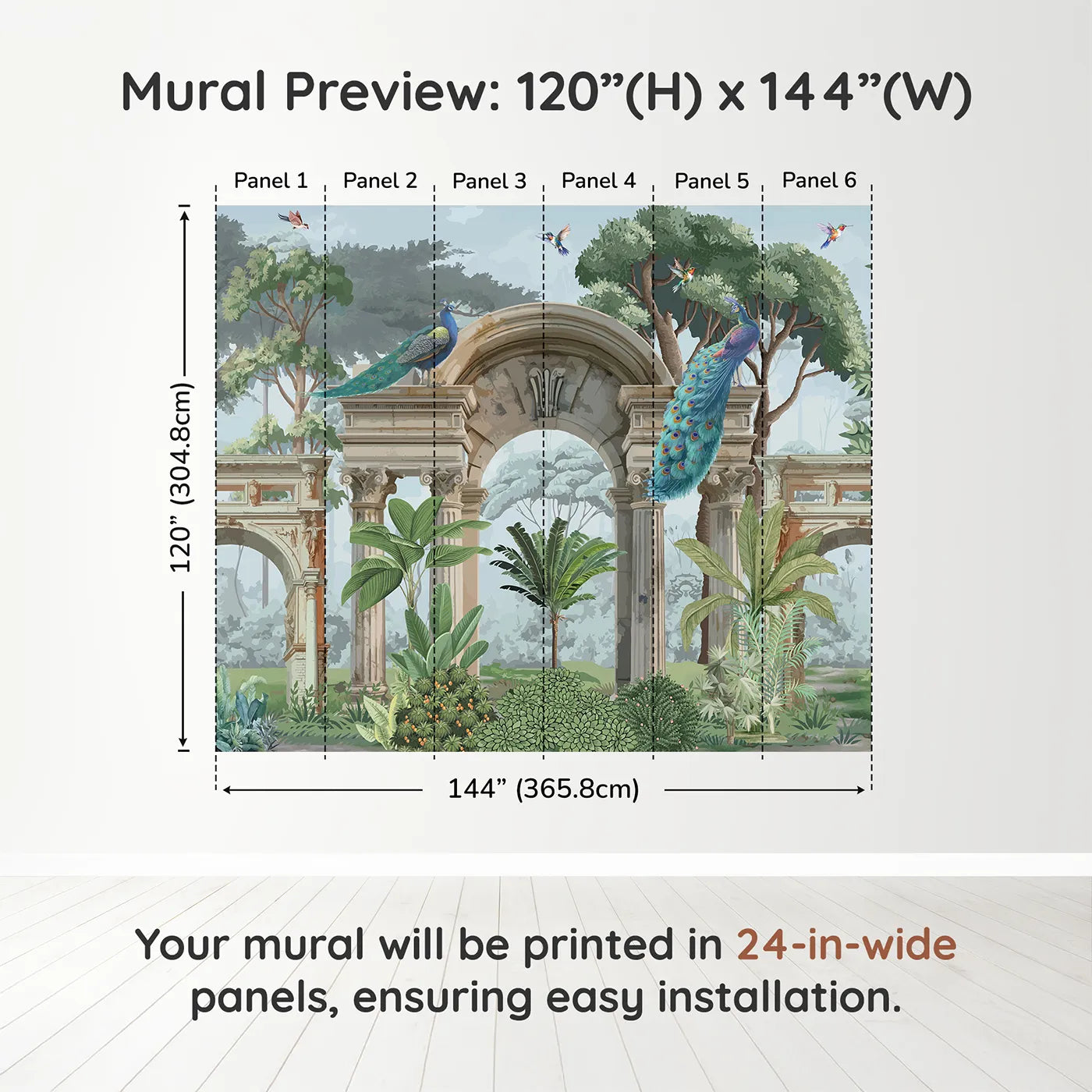 Whimsy Tots Peacock Ruins Wall Muraldimension view (120" H x 144" W). Printed in six 24-inch-wide panels. Gender-Neutral
