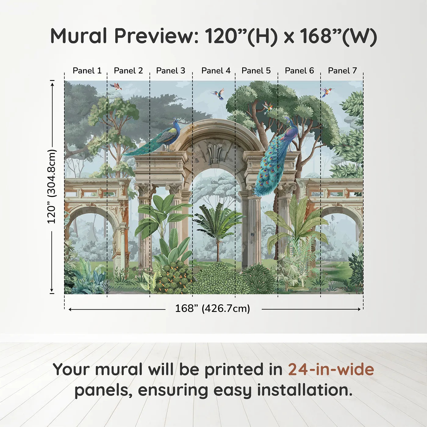 Whimsy Tots Peacock Ruins Wall Muraldimension view (120" H x 168" W). Printed in seven 24-inch-wide panels. Gender-Neutral