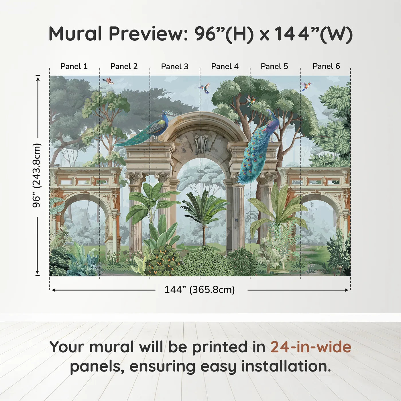 Whimsy Tots Peacock Ruins Wall Muraldimension view (96" H x 144" W). Printed in six 24-inch-wide panels. Gender-Neutral