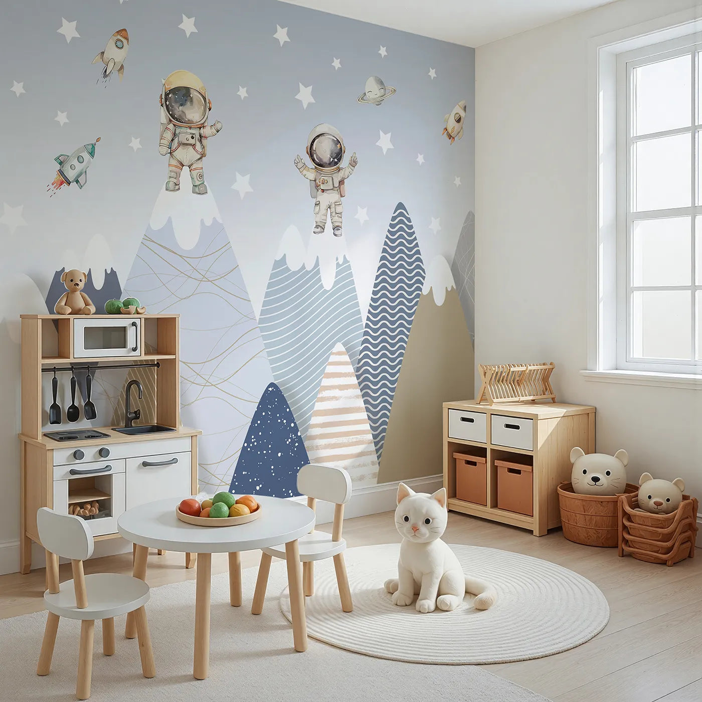 Angled view of Whimsy Tots' Astronaut Mountain Toppers Wall Mural (Turn Their Room into a Whimsical, Cosmic Adventure).Gender-Neutral