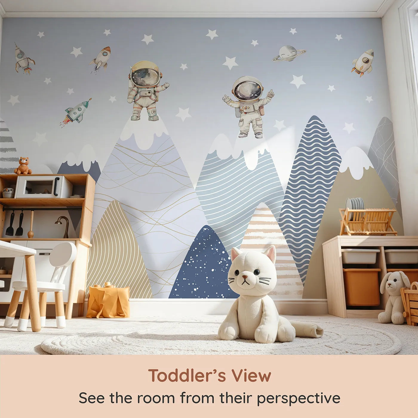 Whimsy Tots Astronaut Mountain Toppers Wall Mural (Turn Their Room into a Whimsical, Cosmic Adventure) from your child's view.Gender-Neutral