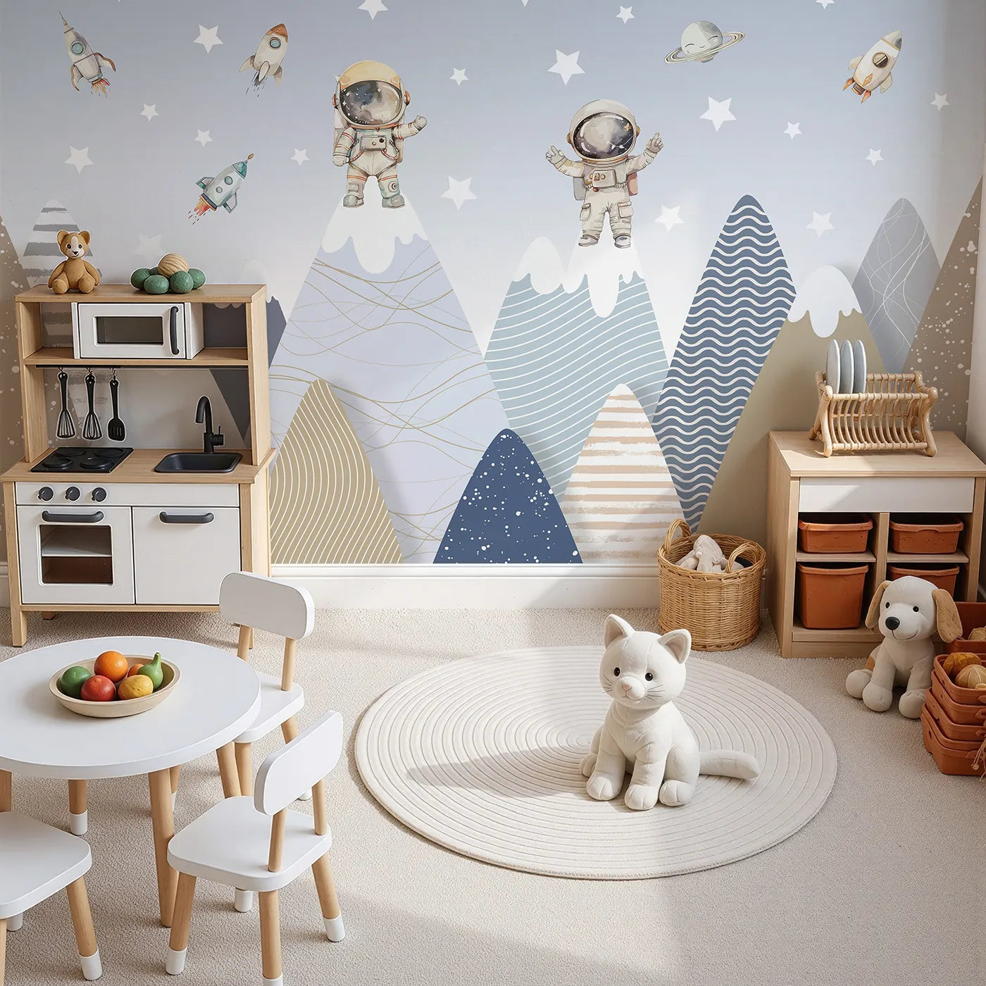 Top-down view of Whimsy Tots' Astronaut Mountain Toppers Wall Mural (Turn Their Room into a Whimsical, Cosmic Adventure).Gender-Neutral