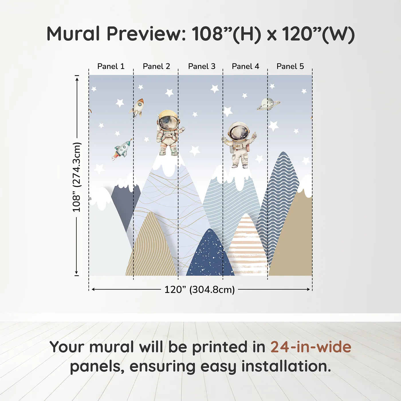 Whimsy Tots Astronaut Mountain Toppers Wall Muraldimension view (108" H x 120" W). Printed in five 24-inch-wide panels. Gender-Neutral